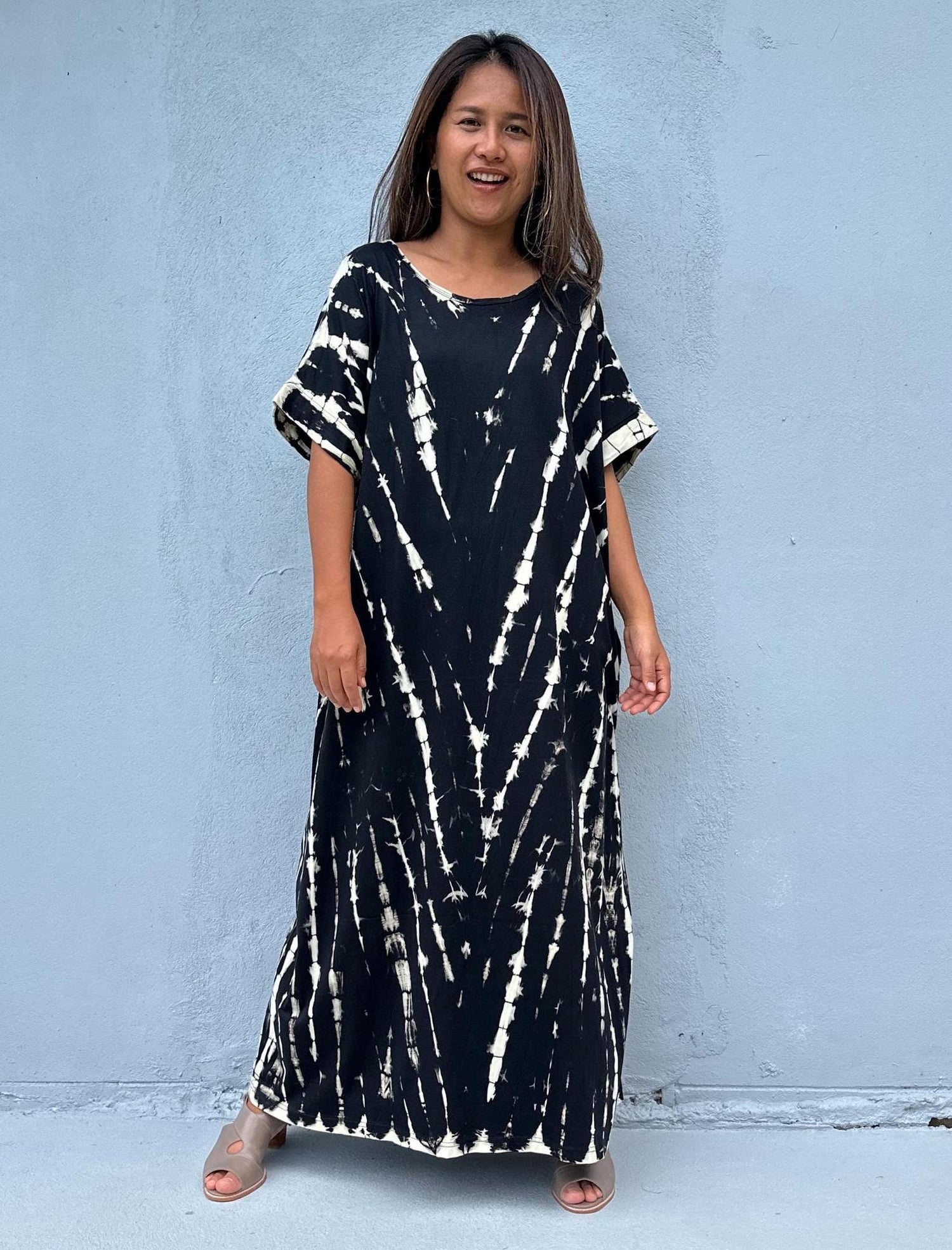 MALA handworks Alice Jersey Cotton Kaftan in Black and White Tie Dye