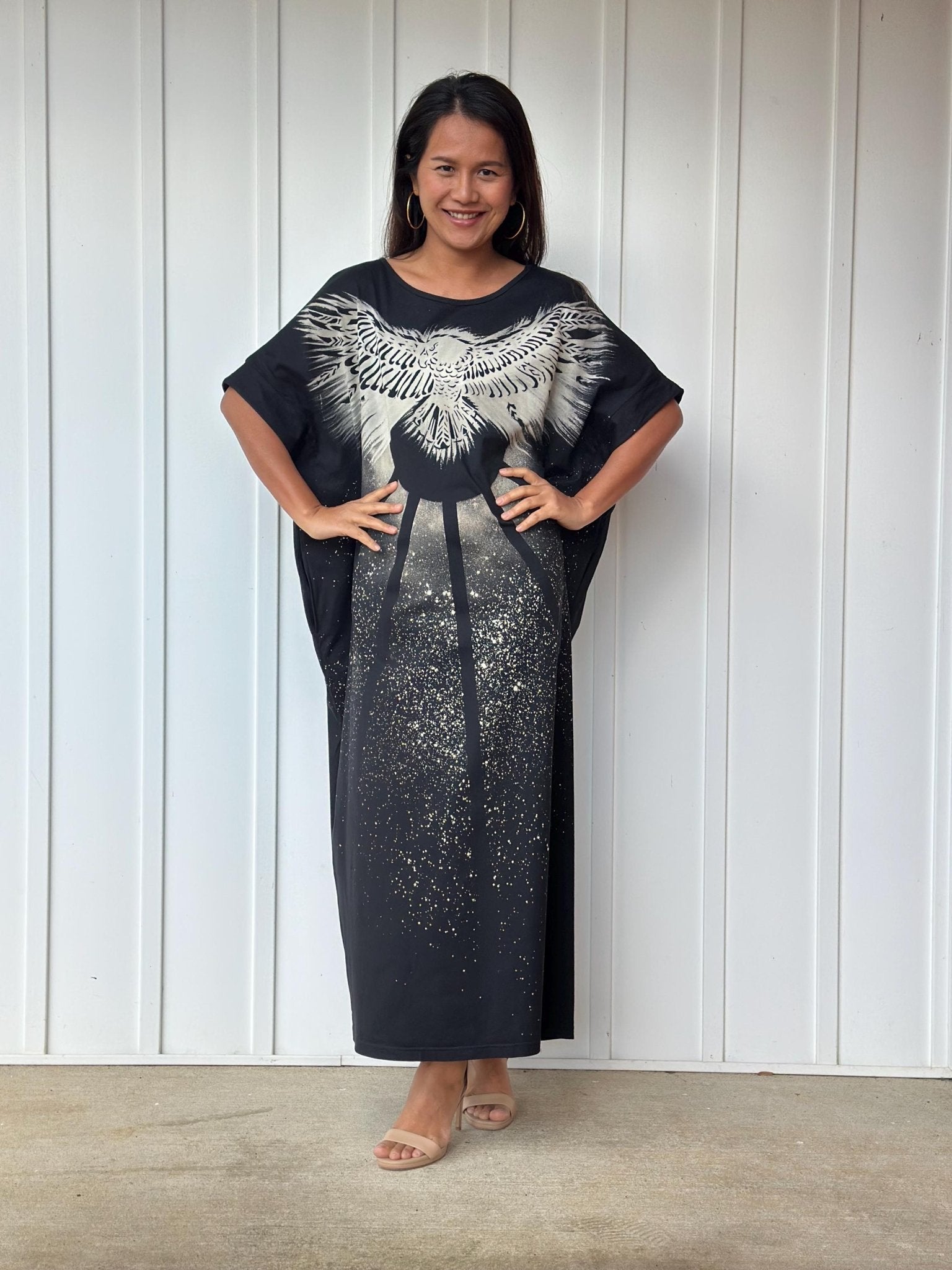 MALA handworks Alice Jersey Cotton Kaftan in Black Batik Eagle Design