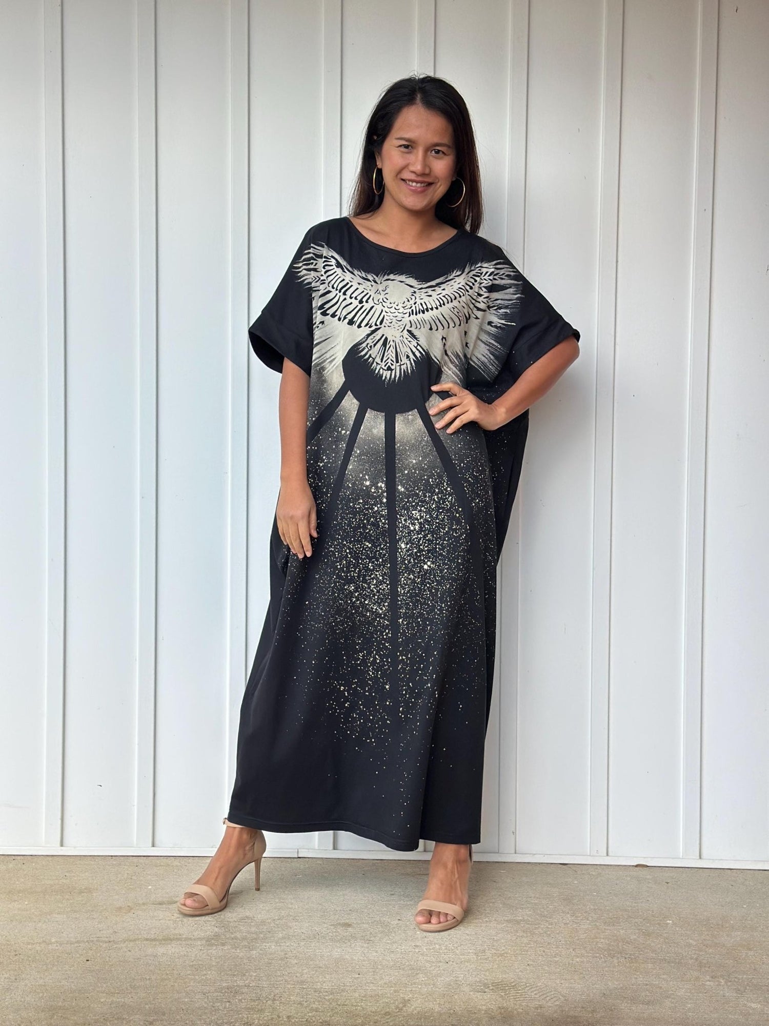 MALA handworks Alice Jersey Cotton Kaftan in Black Batik Eagle Design