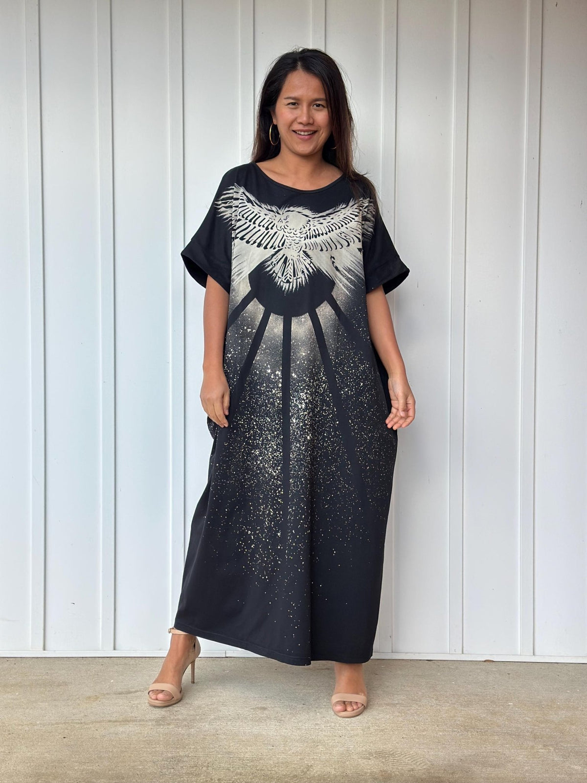 MALA handworks Alice Jersey Cotton Kaftan in Black Batik Eagle Design