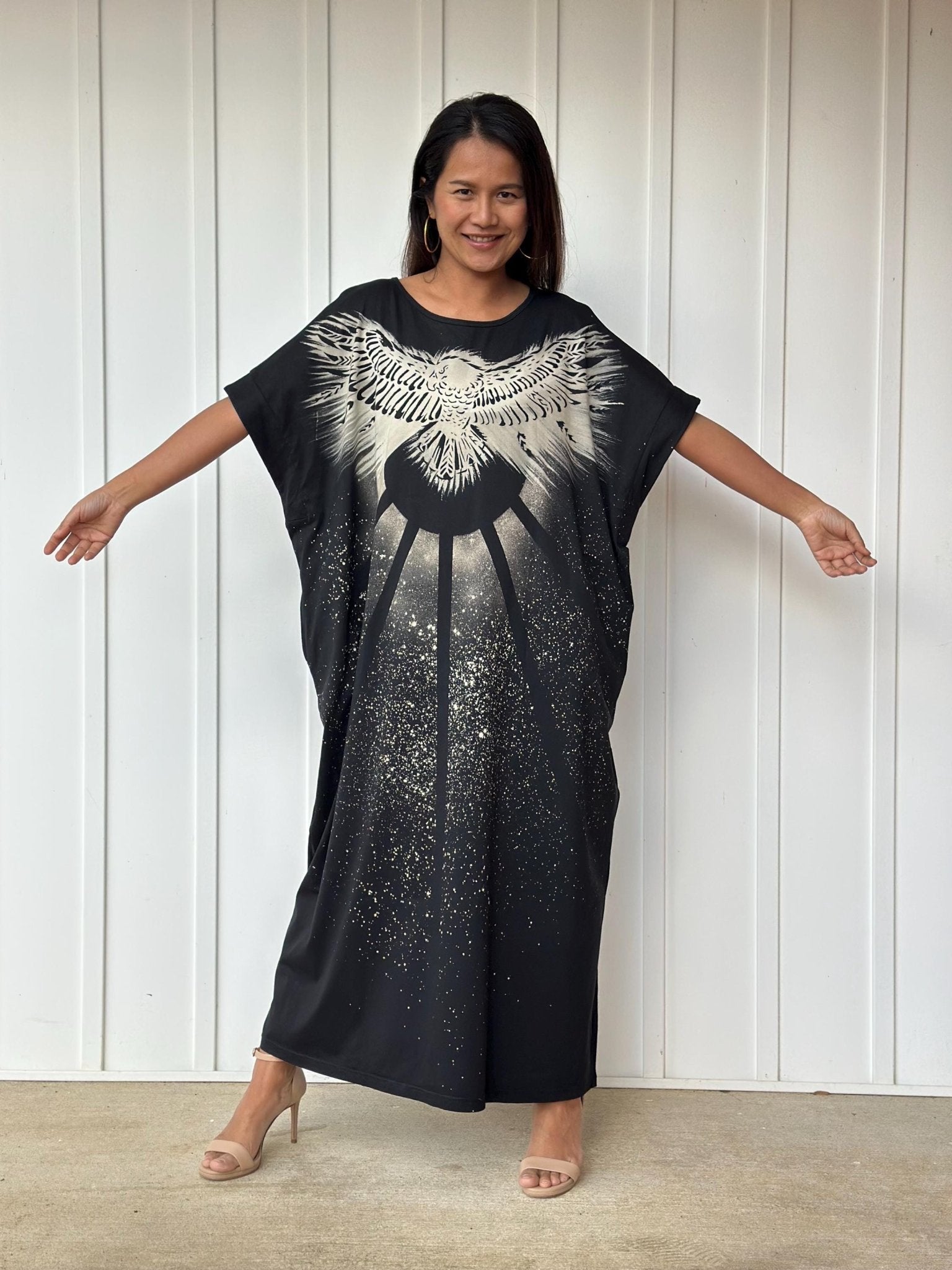 MALA handworks Alice Jersey Cotton Kaftan in Black Batik Eagle Design
