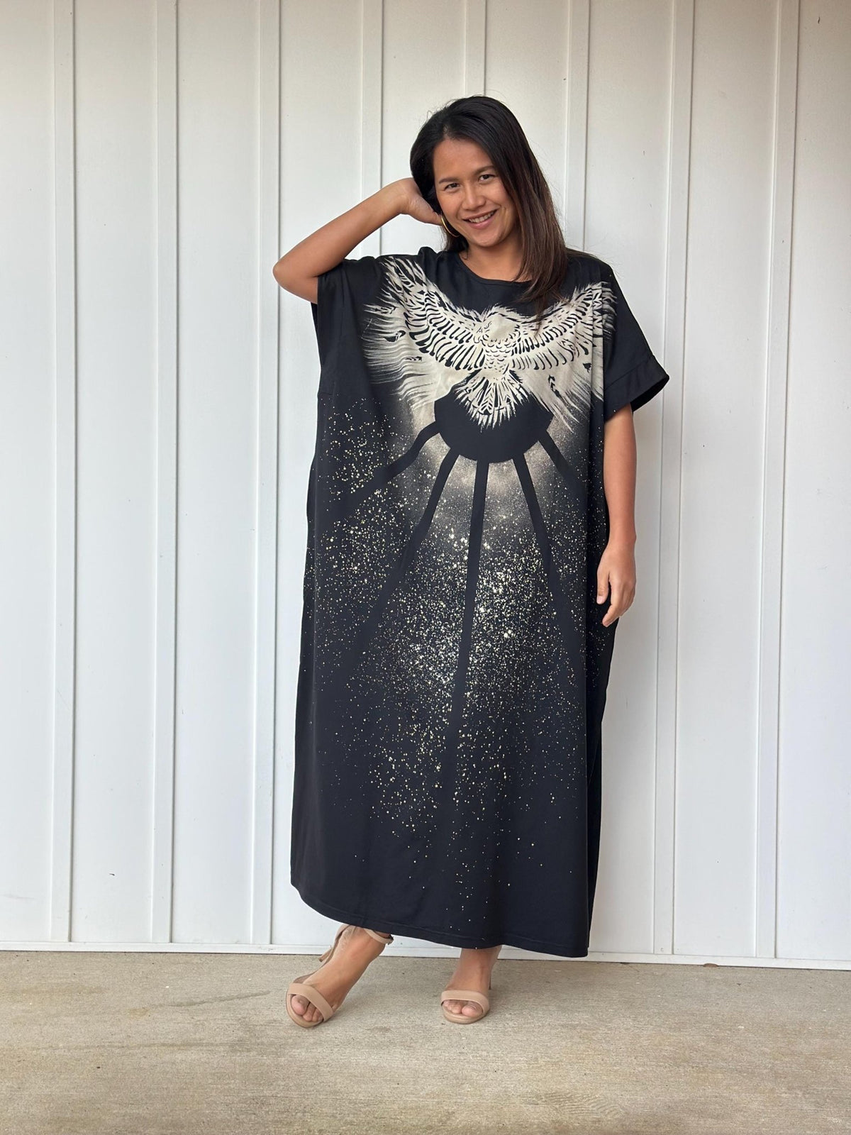 MALA handworks Alice Jersey Cotton Kaftan in Black Batik Eagle Design