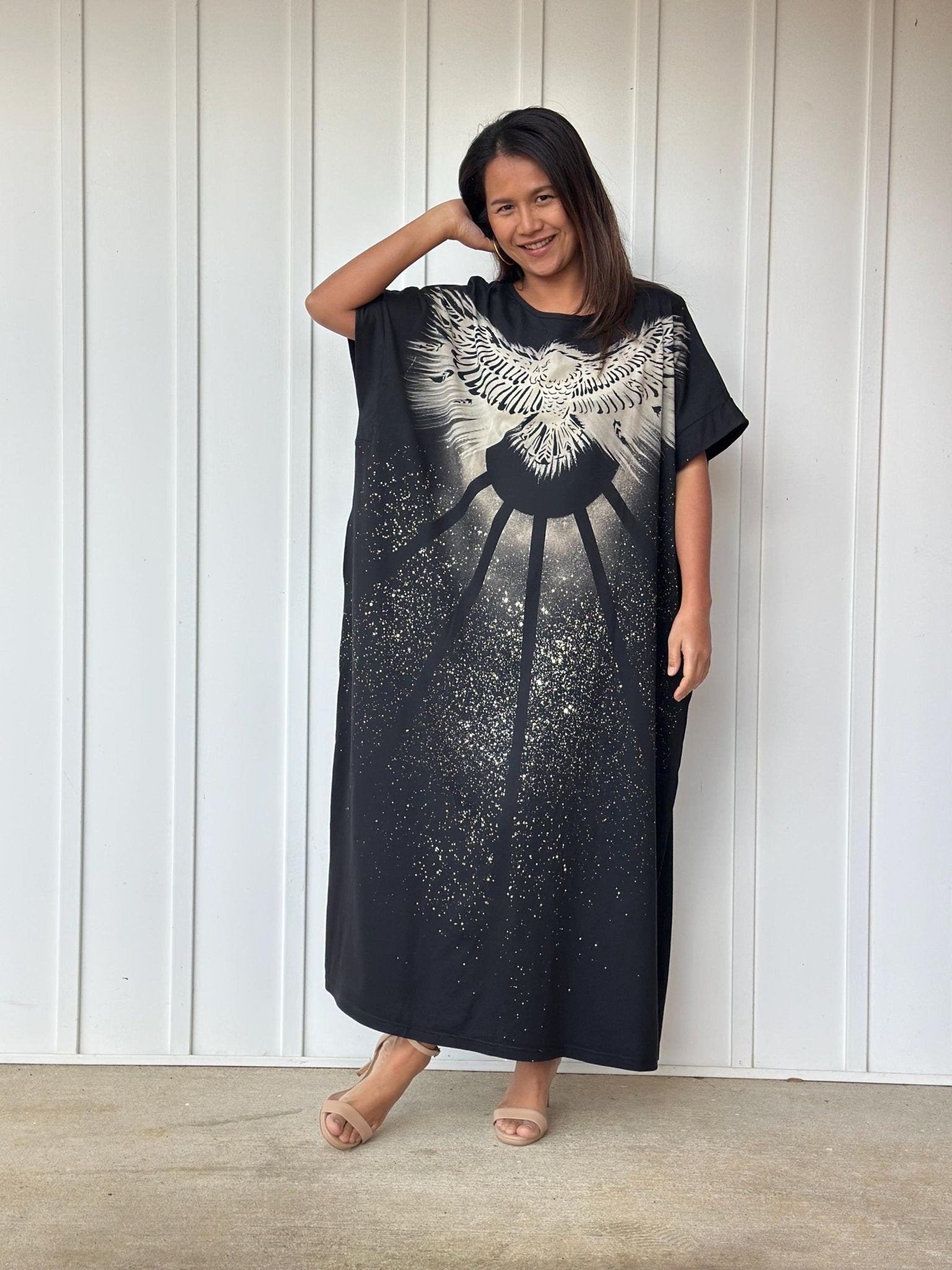 MALA handworks Alice Jersey Cotton Kaftan in Black Batik Eagle Design