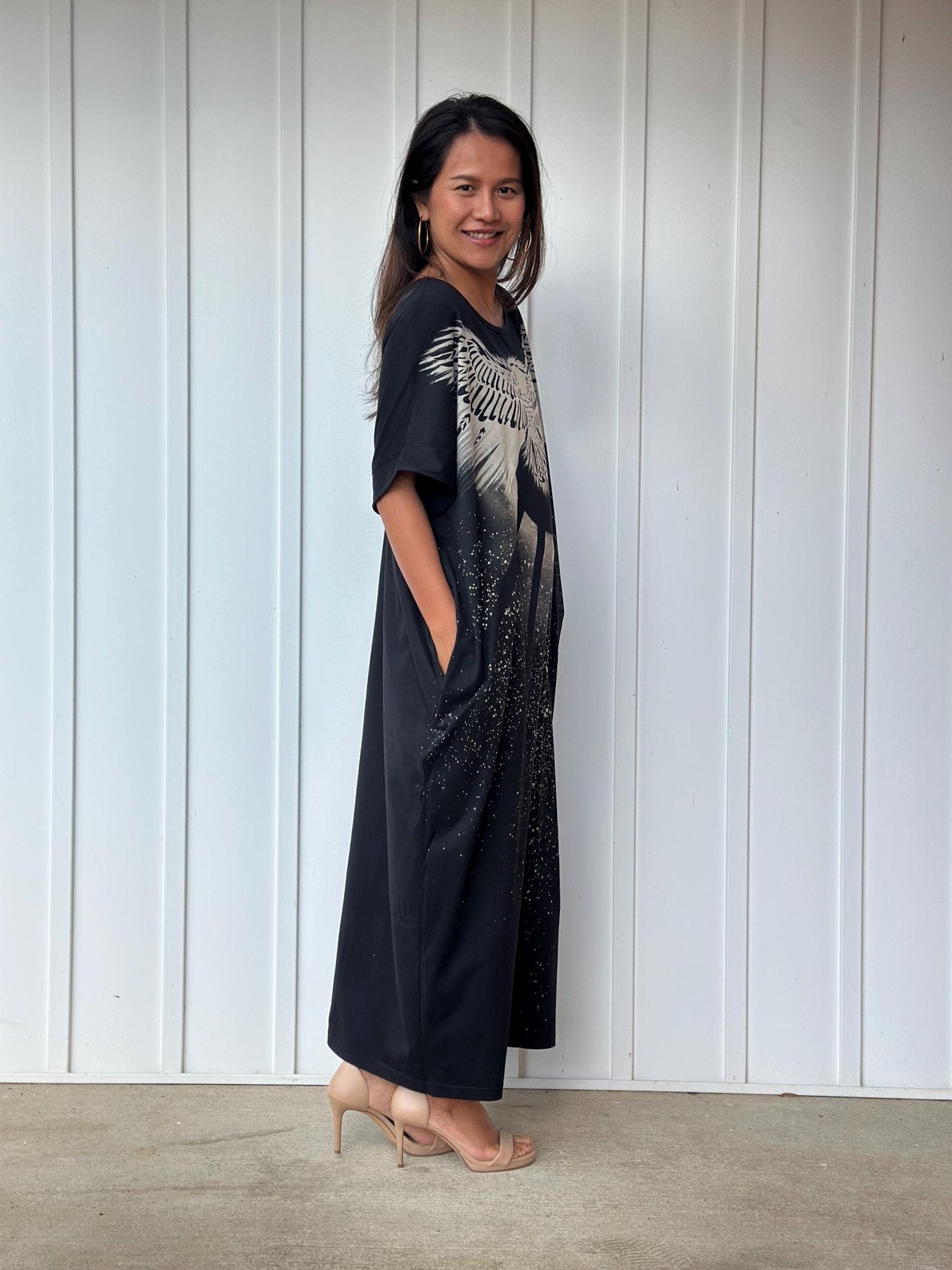 MALA handworks Alice Jersey Cotton Kaftan in Black Batik Eagle Design