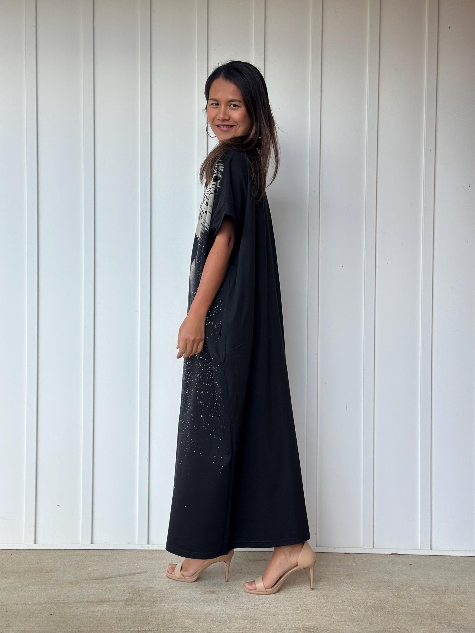 MALA handworks Alice Jersey Cotton Kaftan in Black Batik Eagle Design