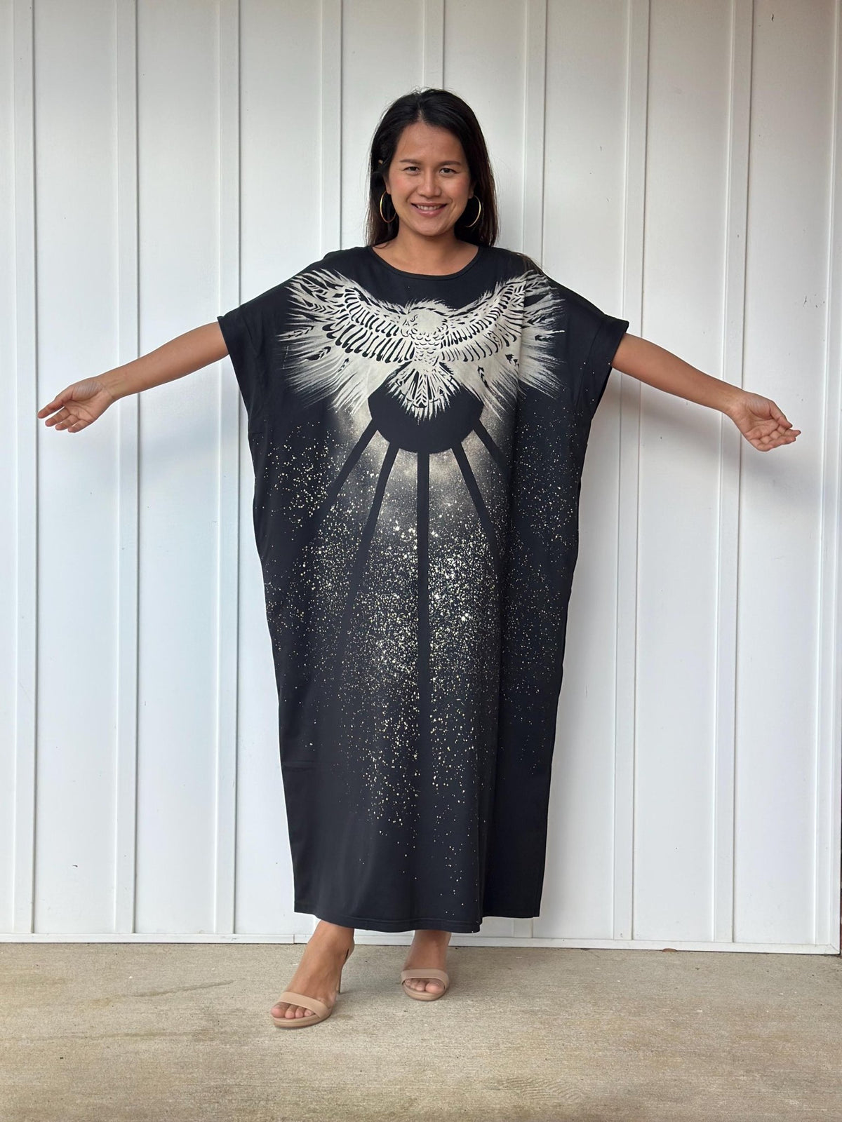 MALA handworks Alice Jersey Cotton Kaftan in Black Batik Eagle Design