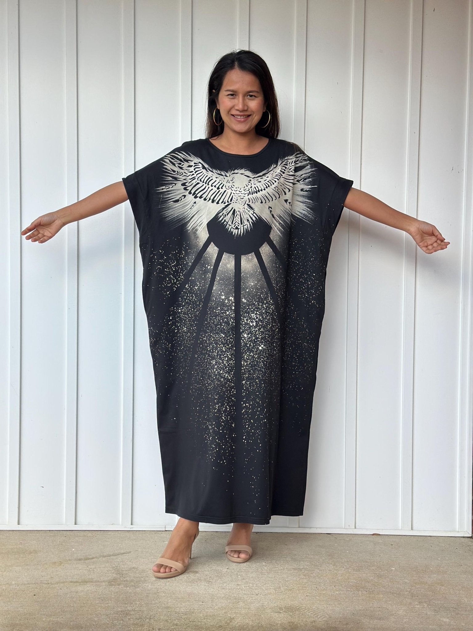 MALA handworks Alice Jersey Cotton Kaftan in Black Batik Eagle Design