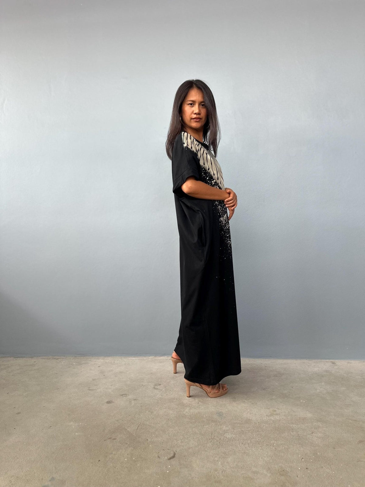 MALA handworks Alice Jersey Cotton Kaftan in Black Batik Geometric Design