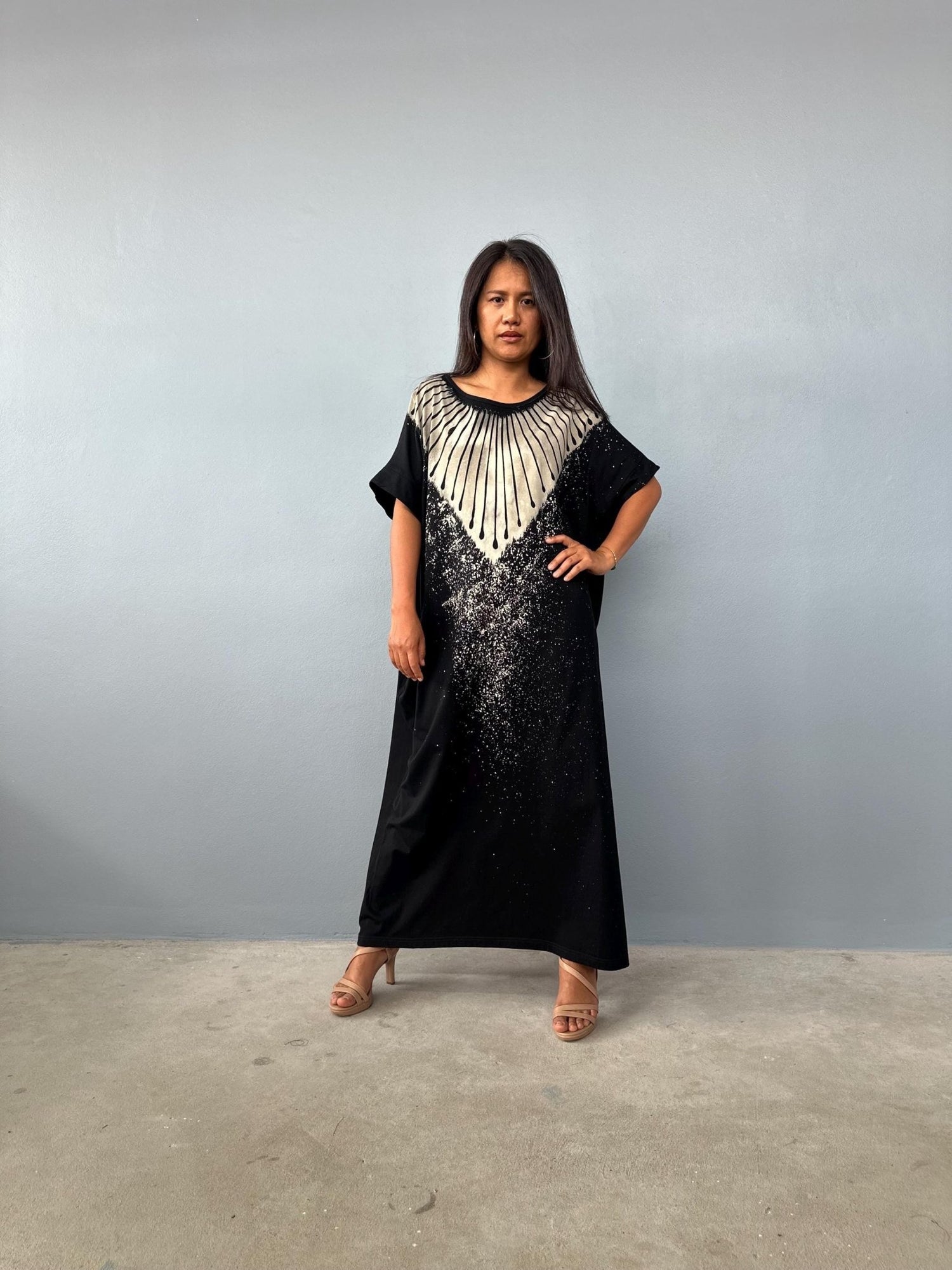 MALA handworks Alice Jersey Cotton Kaftan in Black Batik Geometric Design