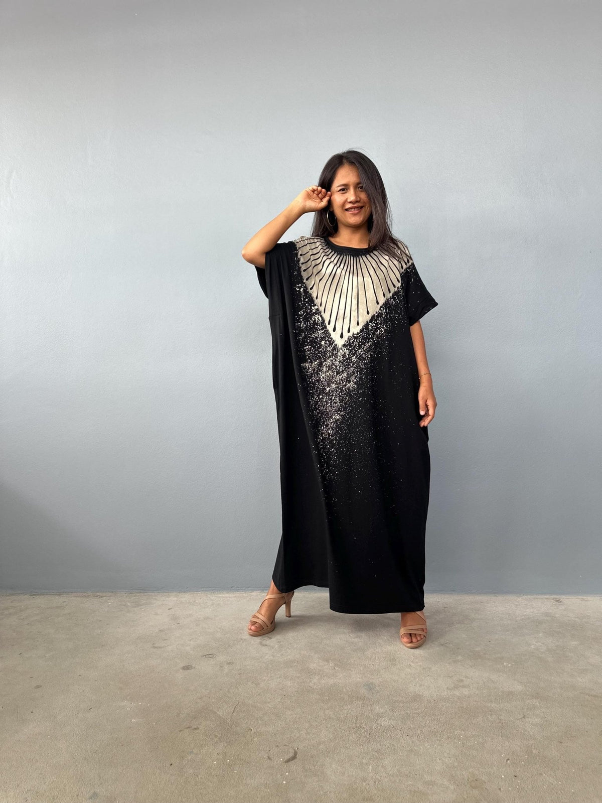 MALA handworks Alice Jersey Cotton Kaftan in Black Batik Geometric Design