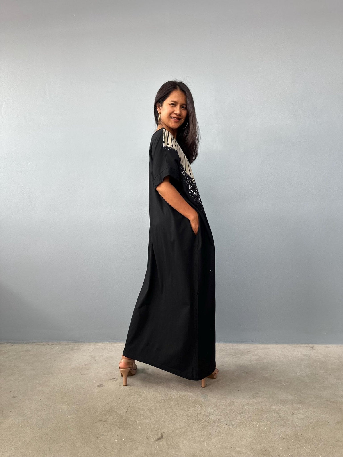 MALA handworks Alice Jersey Cotton Kaftan in Black Batik Geometric Design