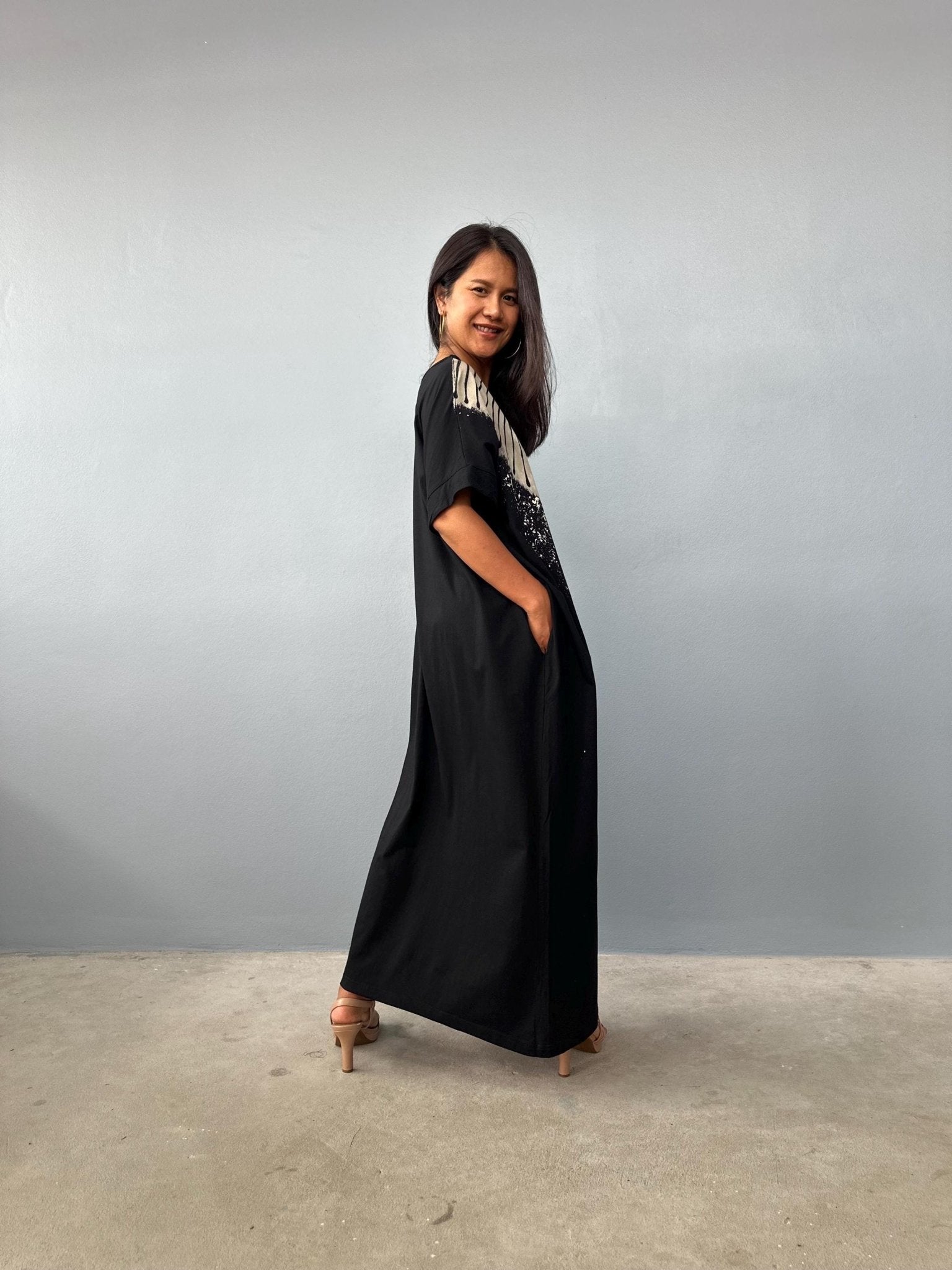 MALA handworks Alice Jersey Cotton Kaftan in Black Batik Geometric Design