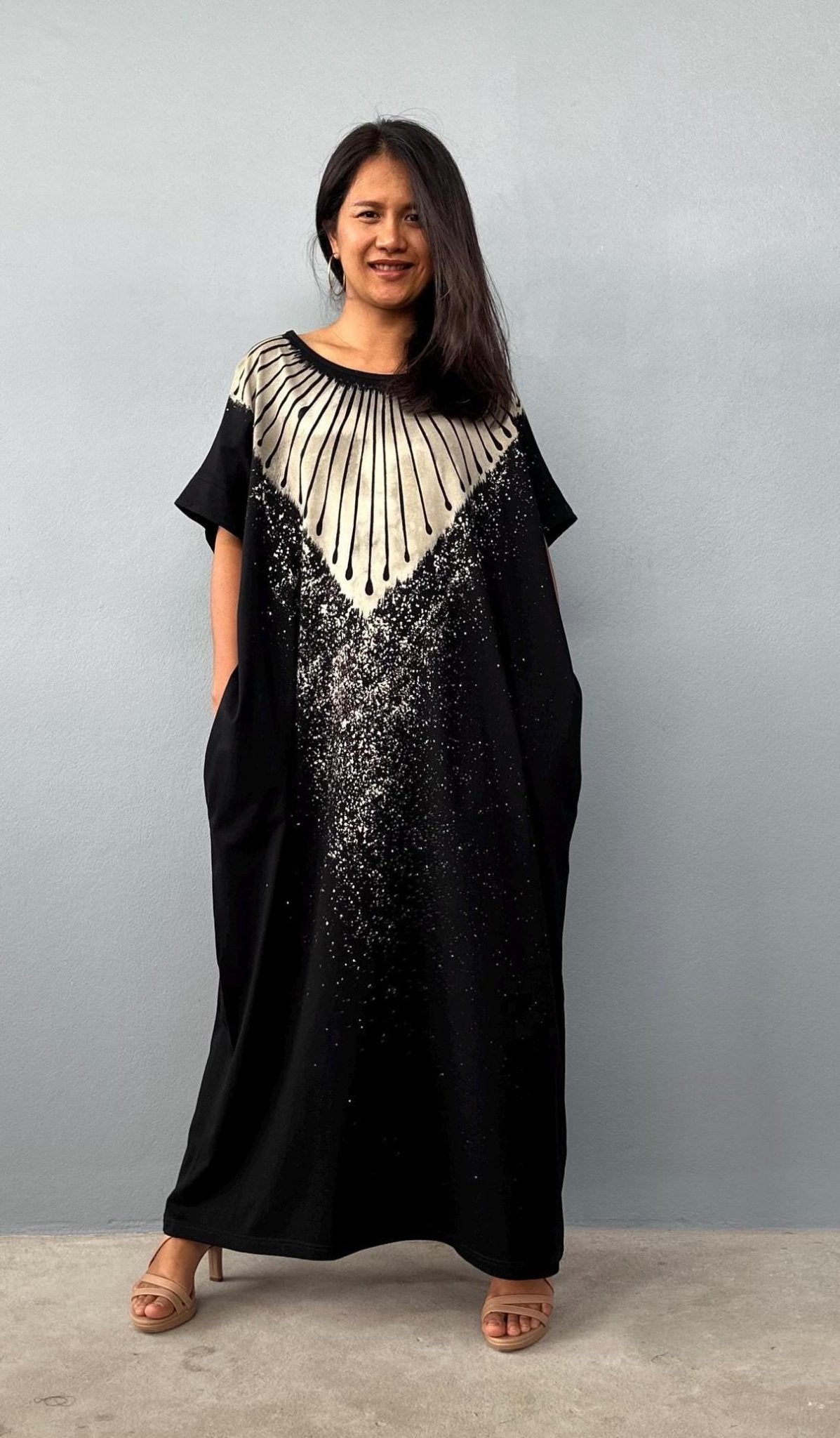 MALA handworks Alice Jersey Cotton Kaftan in Black Batik Geometric Design