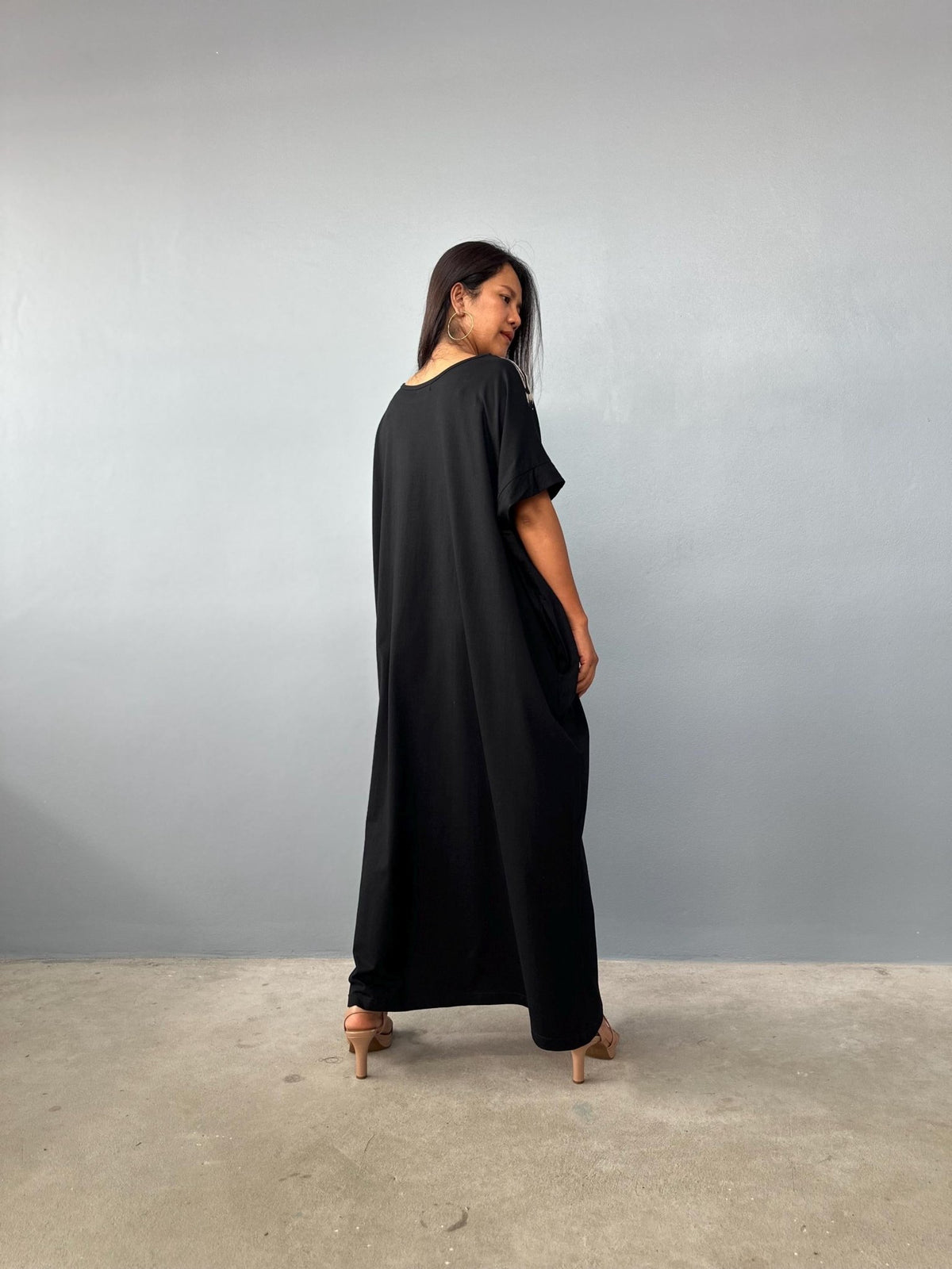MALA handworks Alice Jersey Cotton Kaftan in Black Batik Geometric Design