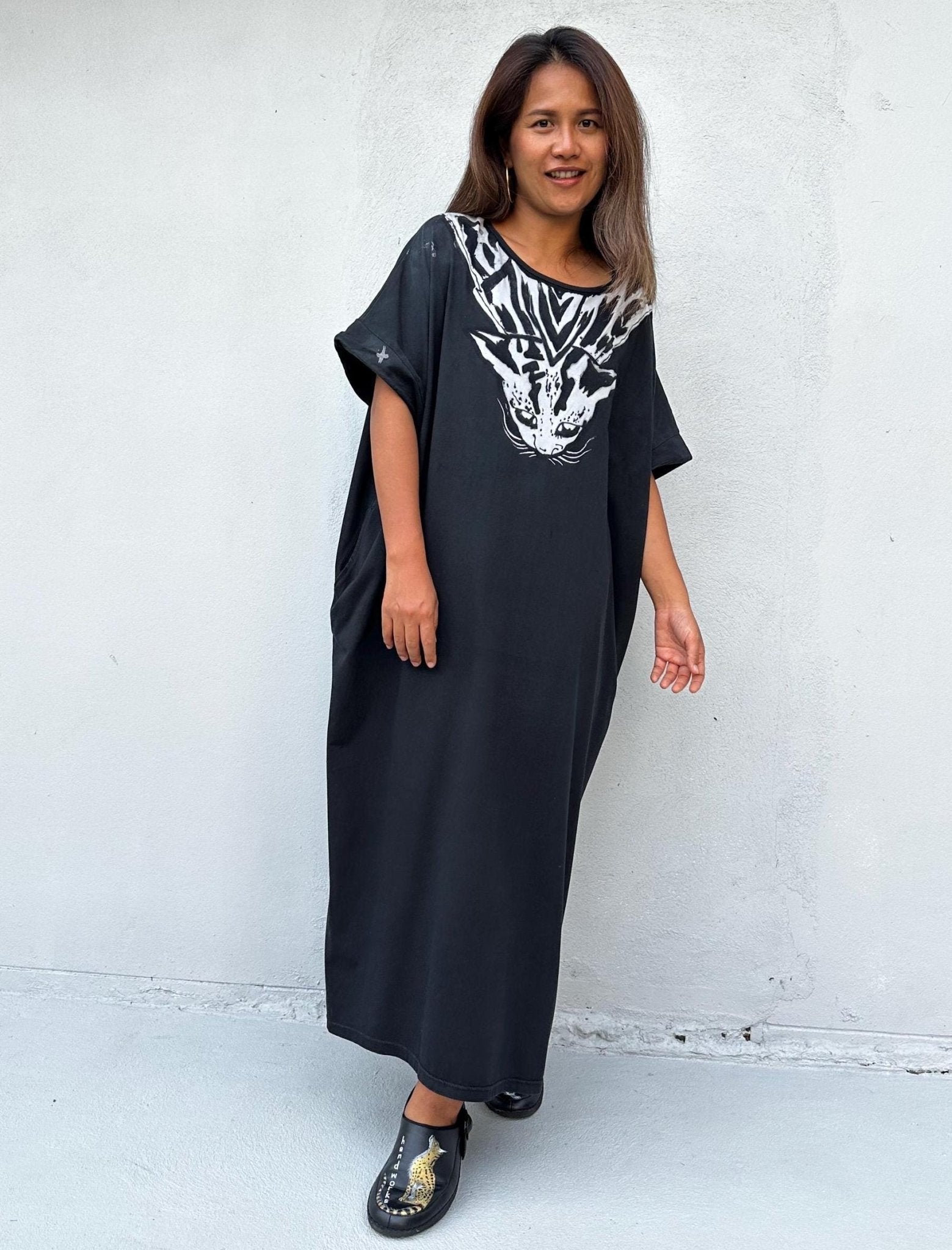 MALA handworks Alice Jersey Cotton Kaftan in Black with Hand Batik Tiger Design