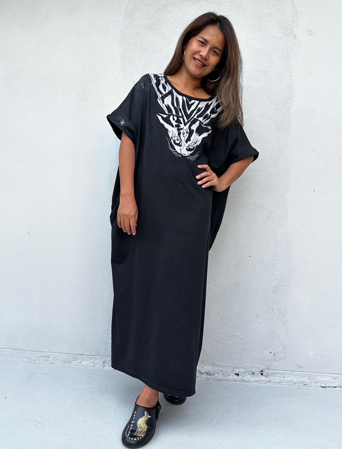 MALA handworks Alice Jersey Cotton Kaftan in Black with Hand Batik Tiger Design