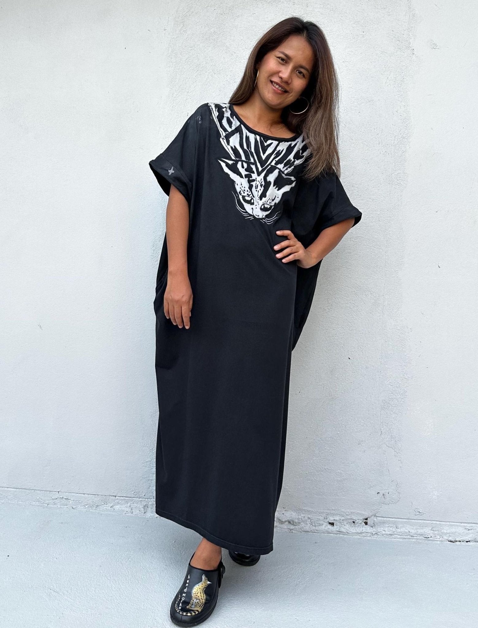 MALA handworks Alice Jersey Cotton Kaftan in Black with Hand Batik Tiger Design
