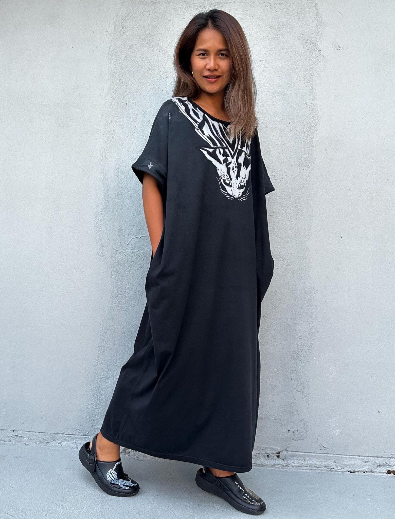 MALA handworks Alice Jersey Cotton Kaftan in Black with Hand Batik Tiger Design