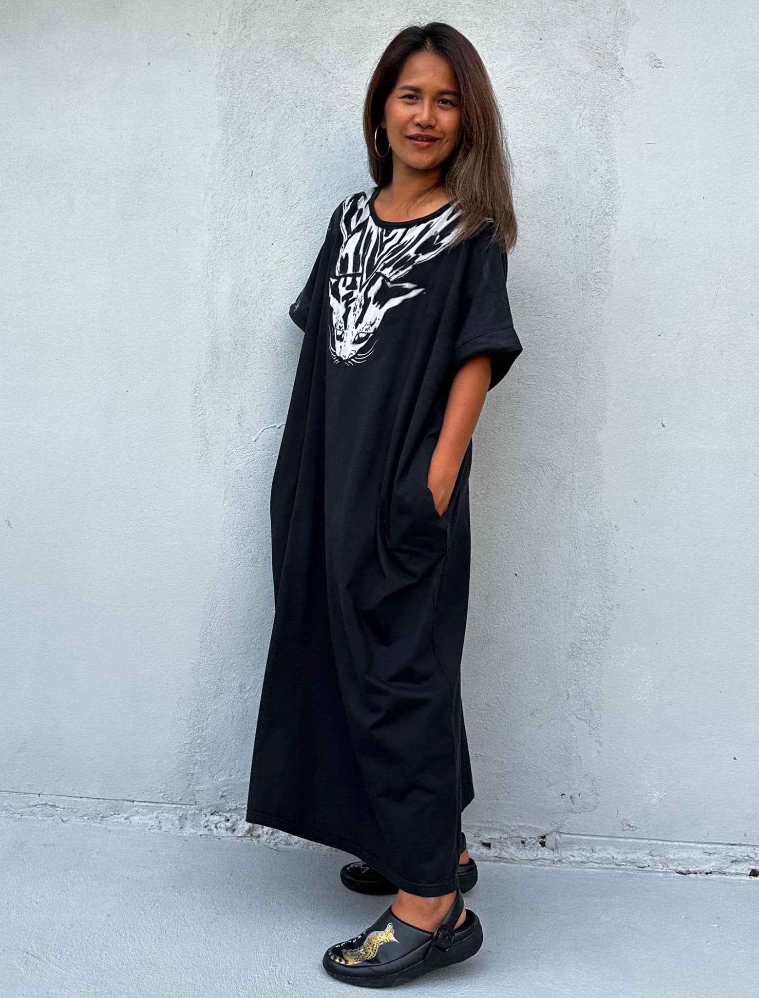 MALA handworks Alice Jersey Cotton Kaftan in Black with Hand Batik Tiger Design