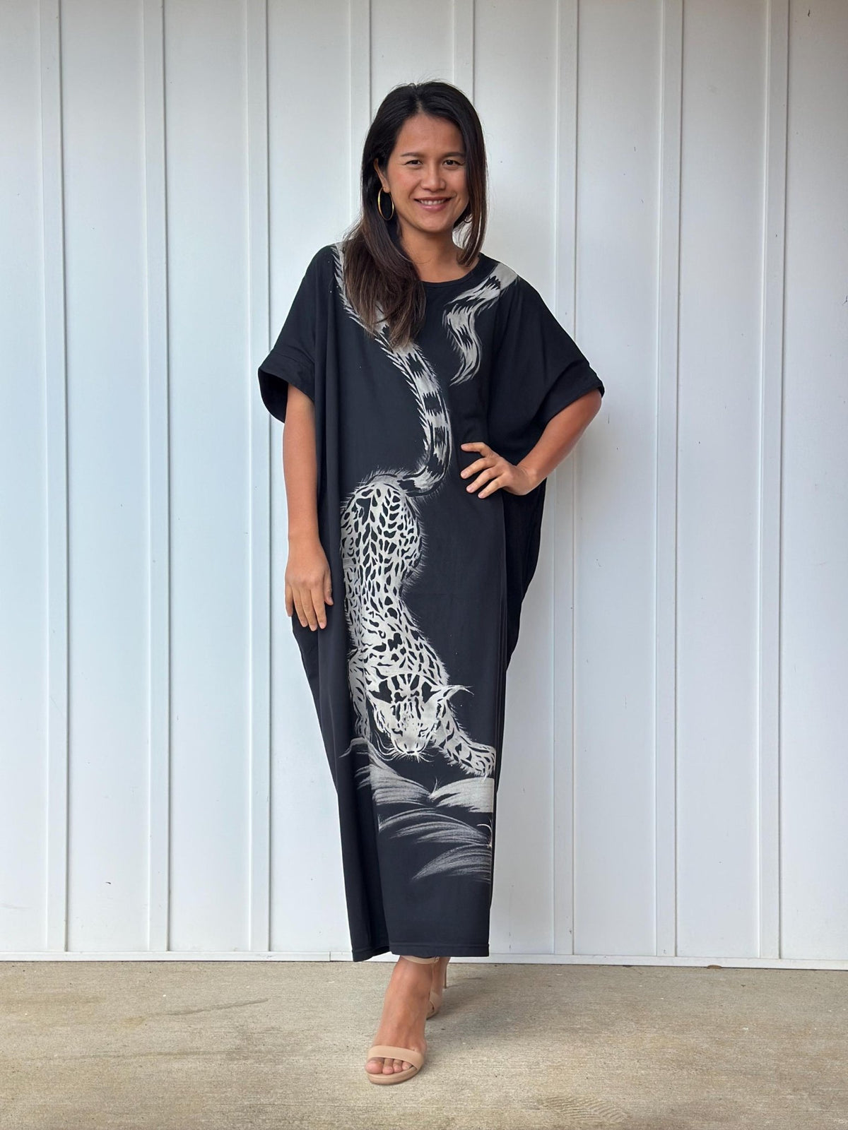 MALA handworks Alice Jersey Cotton Kaftan in Black with Hand Batik Tiger Design