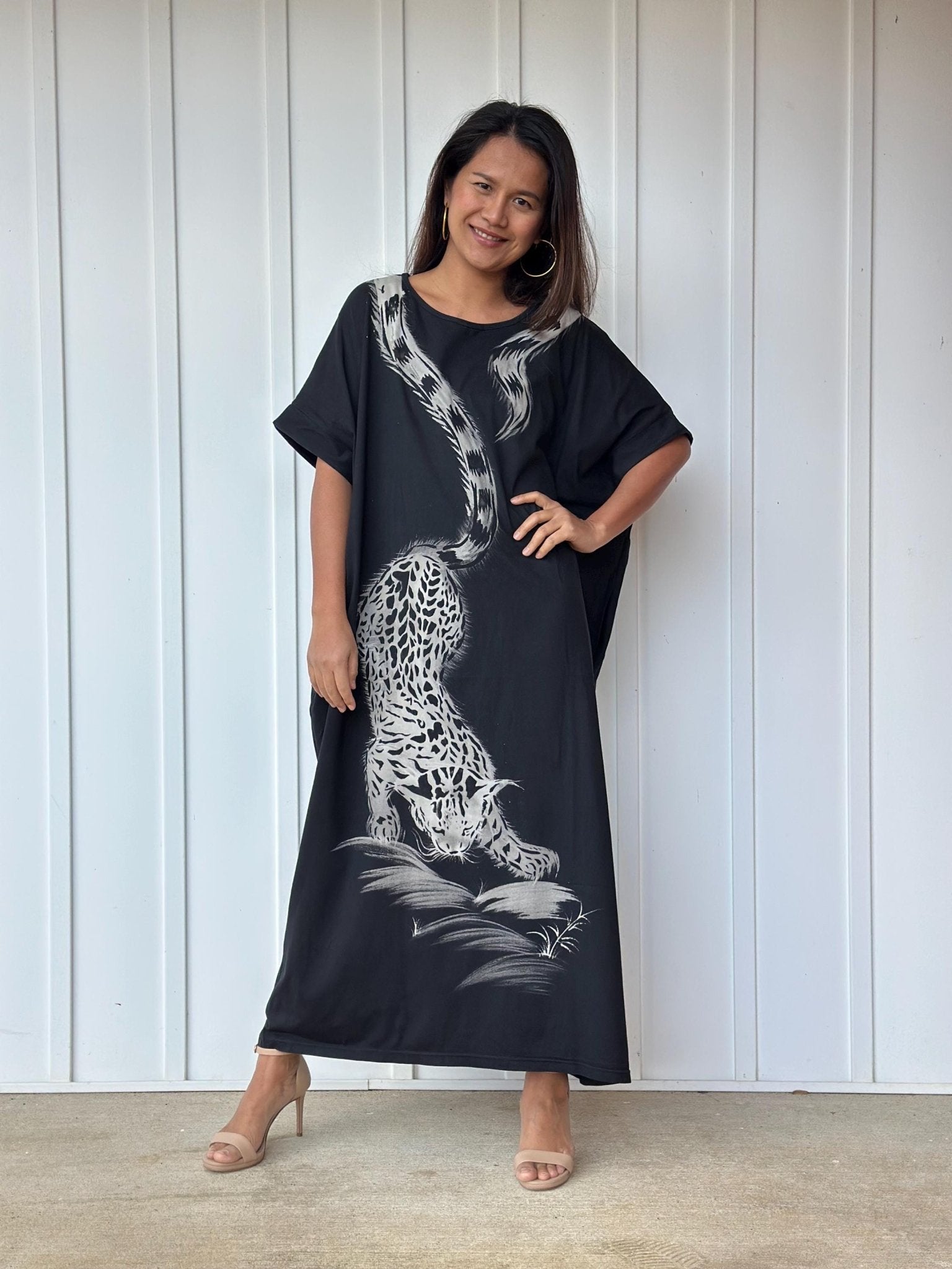 MALA handworks Alice Jersey Cotton Kaftan in Black with Hand Batik Tiger Design