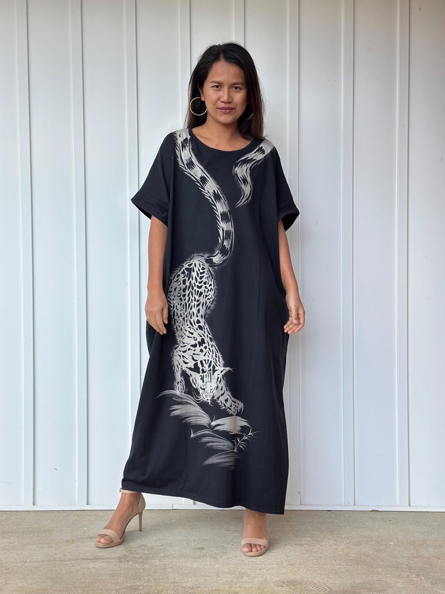 MALA handworks Alice Jersey Cotton Kaftan in Black with Hand Batik Tiger Design