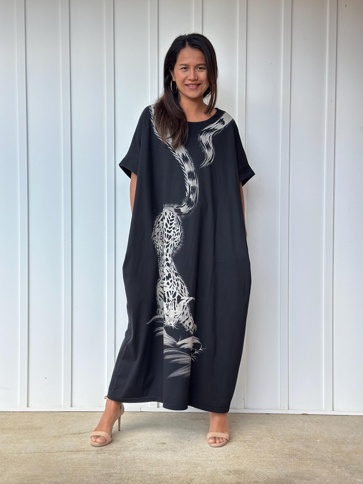 MALA handworks Alice Jersey Cotton Kaftan in Black with Hand Batik Tiger Design