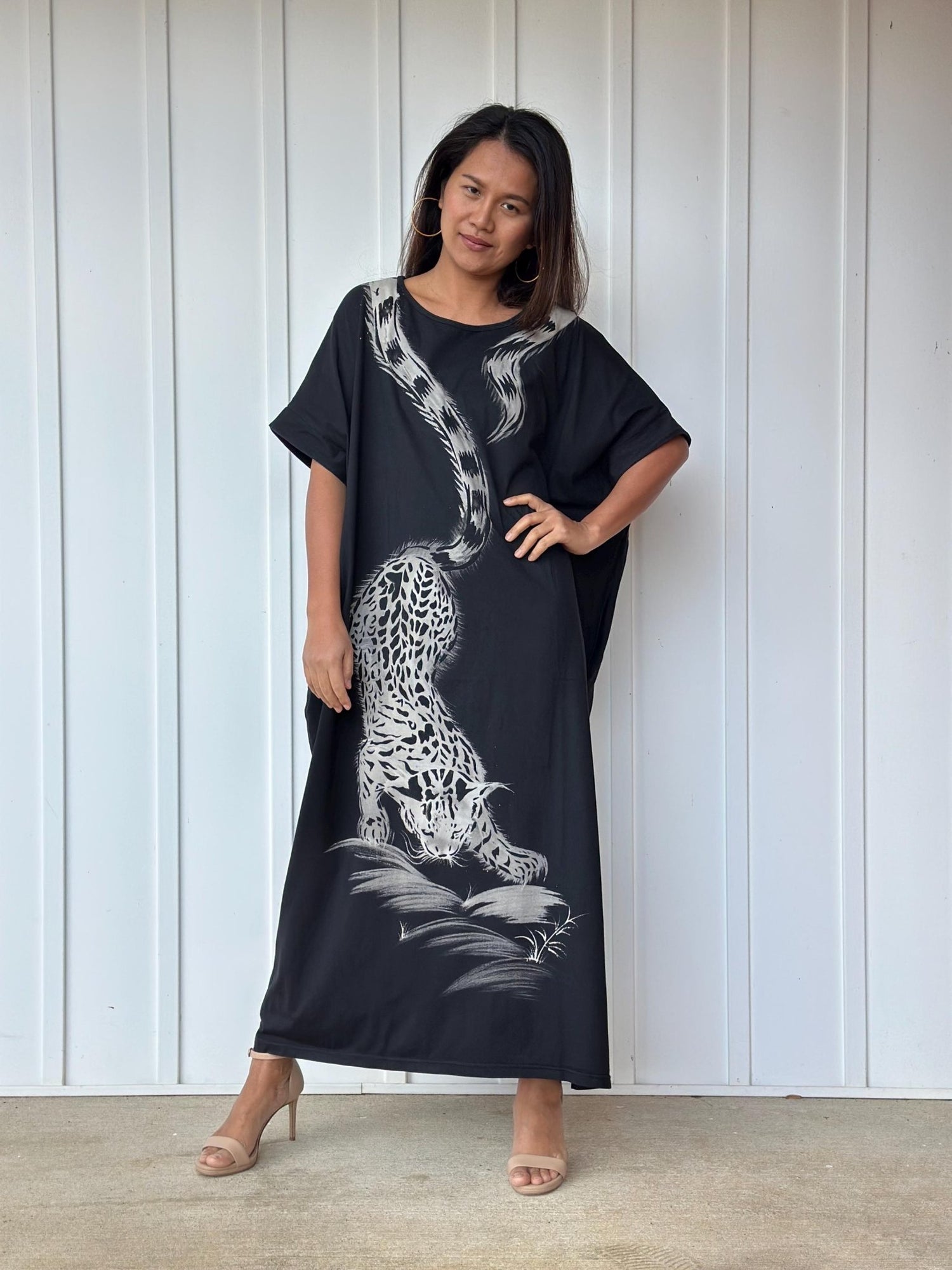 MALA handworks Alice Jersey Cotton Kaftan in Black with Hand Batik Tiger Design