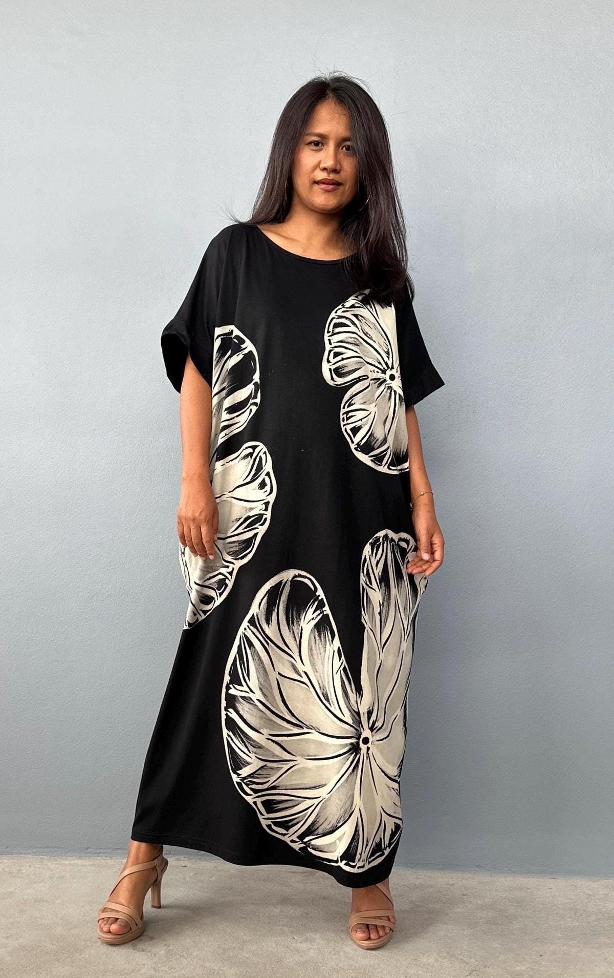 MALA handworks Alice Jersey Cotton Kaftan in Black with Hand-Painted Lotus Leaves