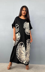 MALA handworks Alice Jersey Cotton Kaftan in Black with Hand-Painted Lotus Leaves