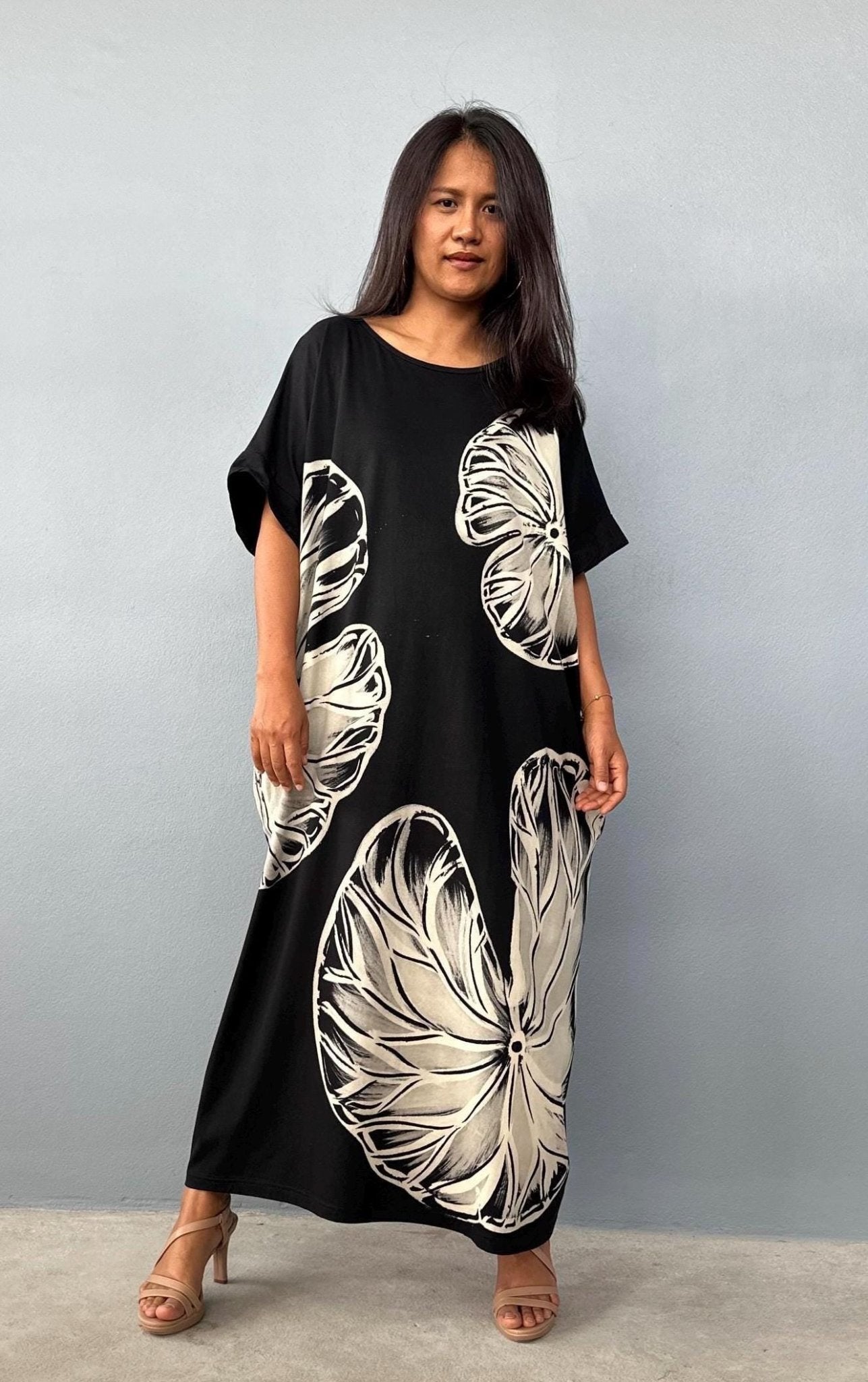 MALA handworks Alice Jersey Cotton Kaftan in Black with Hand-Painted Lotus Leaves