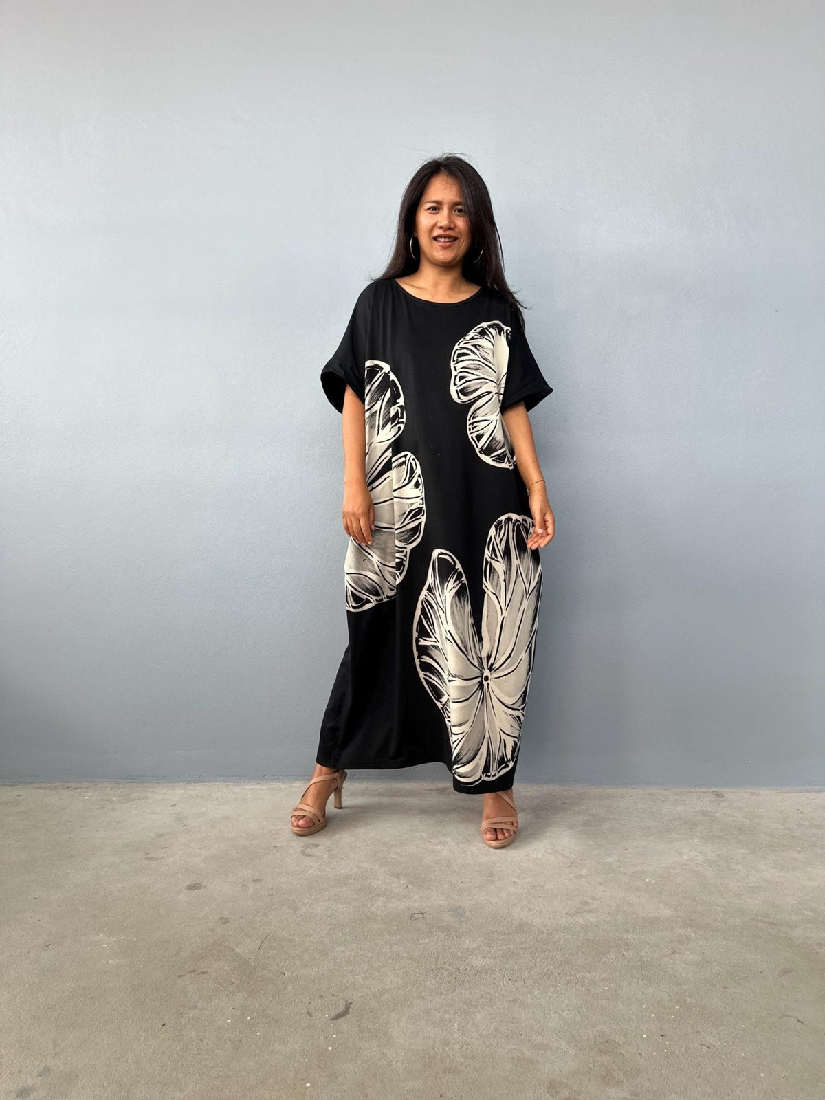MALA handworks Alice Jersey Cotton Kaftan in Black with Hand-Painted Lotus Leaves