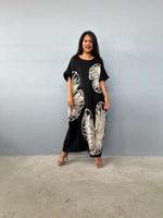 MALA handworks Alice Jersey Cotton Kaftan in Black with Hand-Painted Lotus Leaves