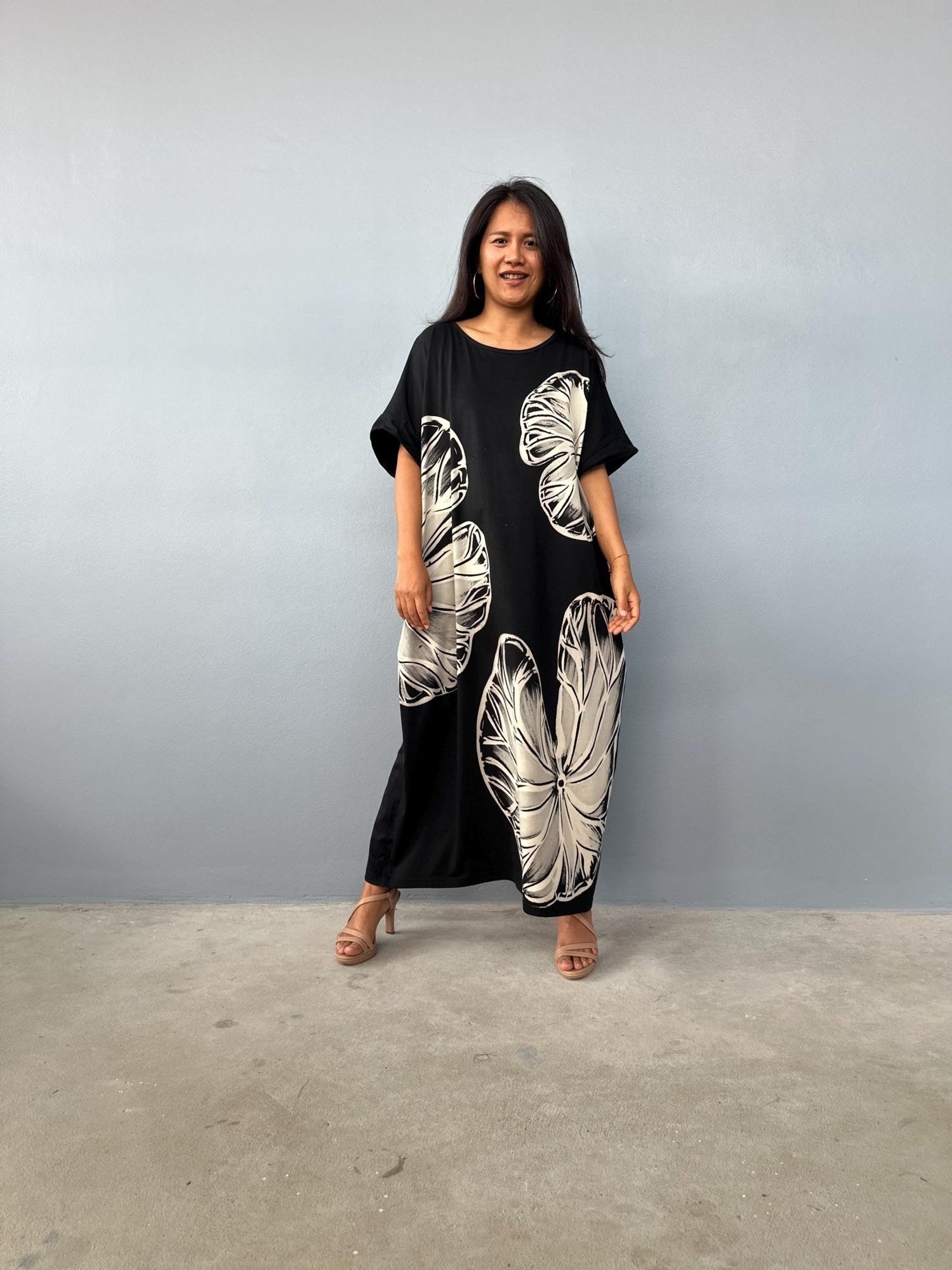 MALA handworks Alice Jersey Cotton Kaftan in Black with Hand-Painted Lotus Leaves