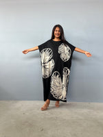 MALA handworks Alice Jersey Cotton Kaftan in Black with Hand-Painted Lotus Leaves