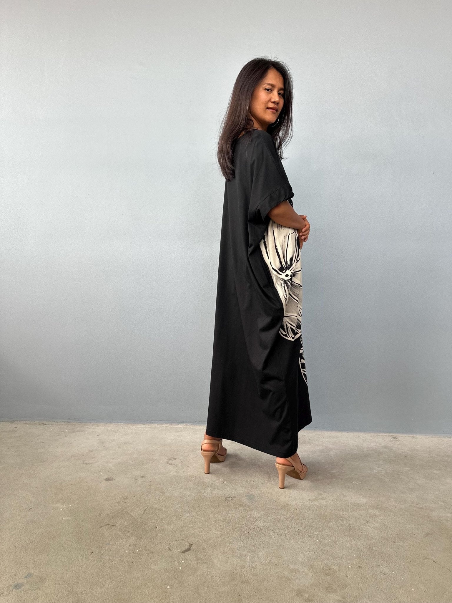 MALA handworks Alice Jersey Cotton Kaftan in Black with Hand-Painted Lotus Leaves