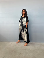 MALA handworks Alice Jersey Cotton Kaftan in Black with Hand-Painted Lotus Leaves