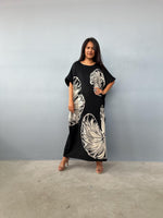 MALA handworks Alice Jersey Cotton Kaftan in Black with Hand-Painted Lotus Leaves