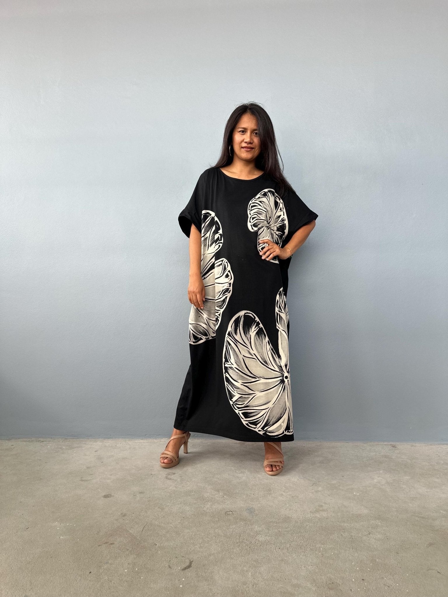MALA handworks Alice Jersey Cotton Kaftan in Black with Hand-Painted Lotus Leaves