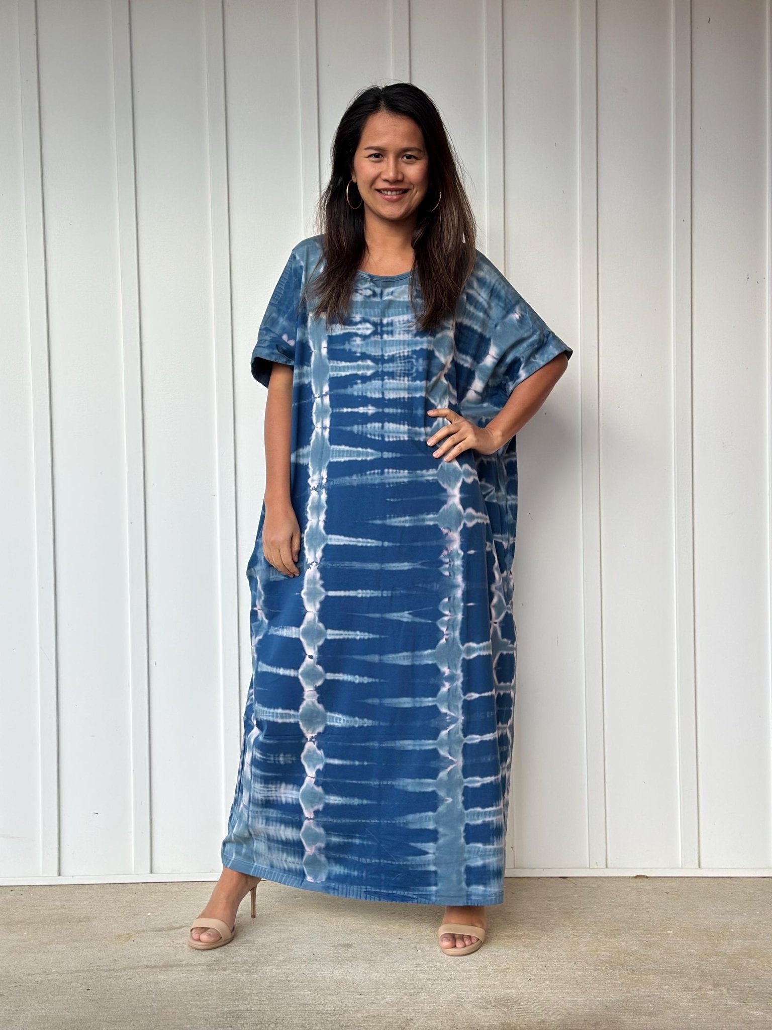 MALA handworks Alice Jersey Cotton Kaftan in Blue and White Tie Dye