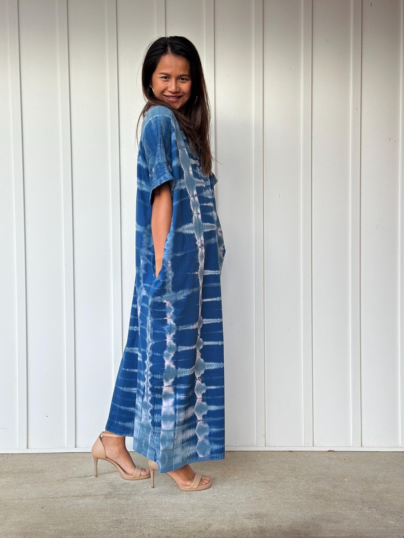 MALA handworks Alice Jersey Cotton Kaftan in Blue and White Tie Dye