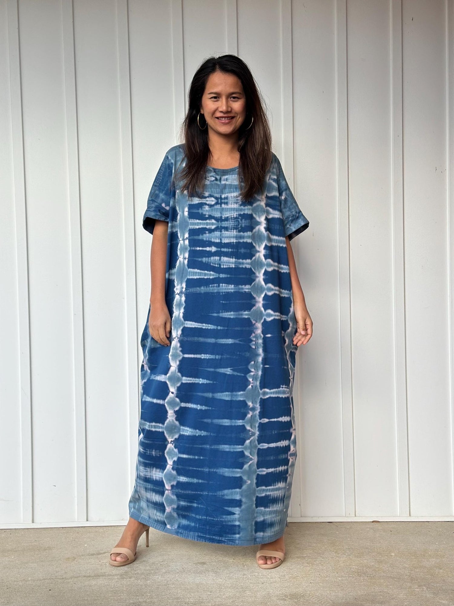 MALA handworks Alice Jersey Cotton Kaftan in Blue and White Tie Dye