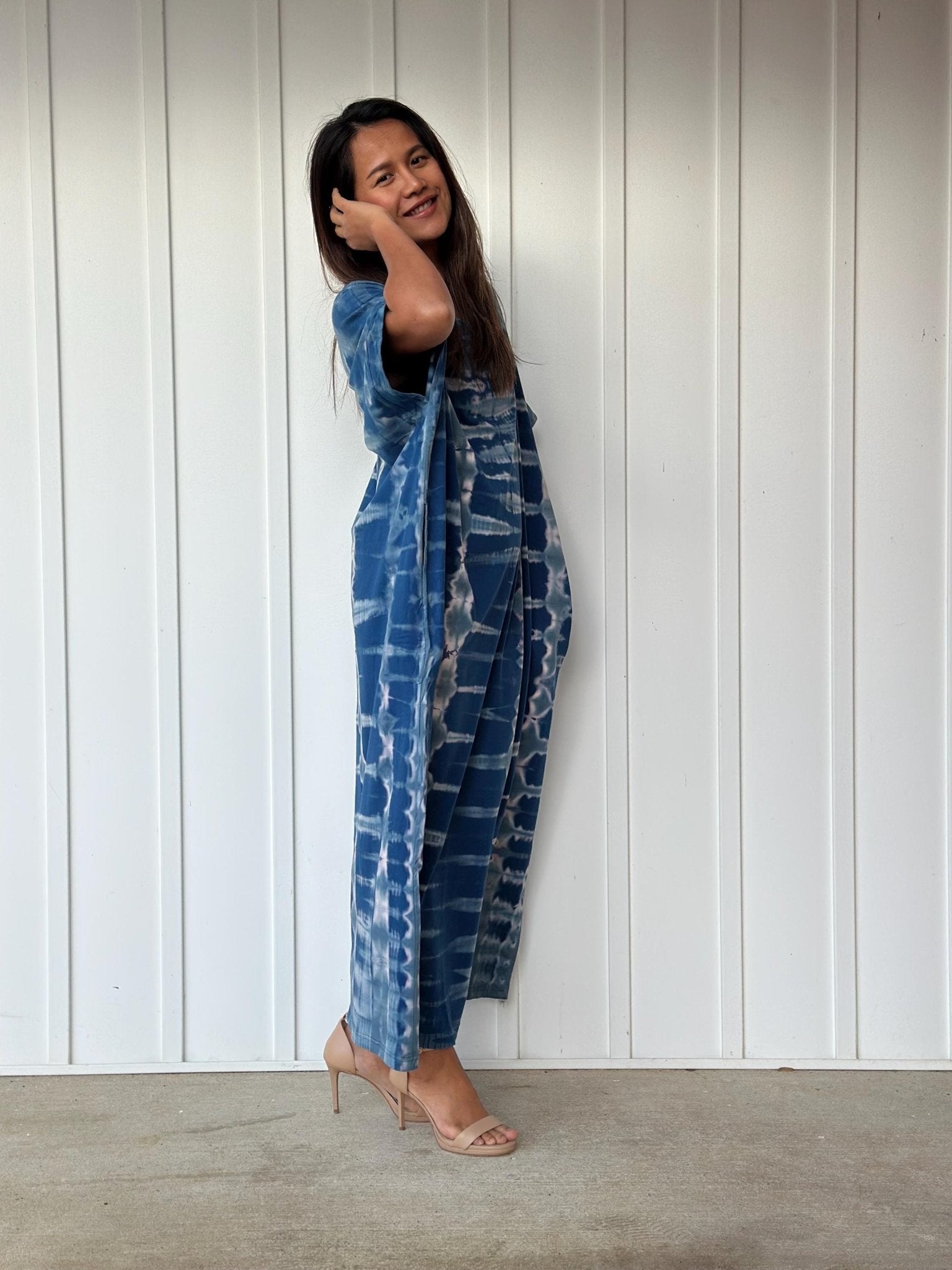 MALA handworks Alice Jersey Cotton Kaftan in Blue and White Tie Dye