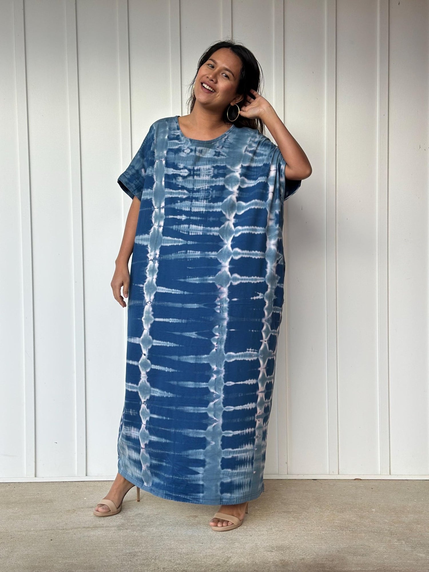 MALA handworks Alice Jersey Cotton Kaftan in Blue and White Tie Dye