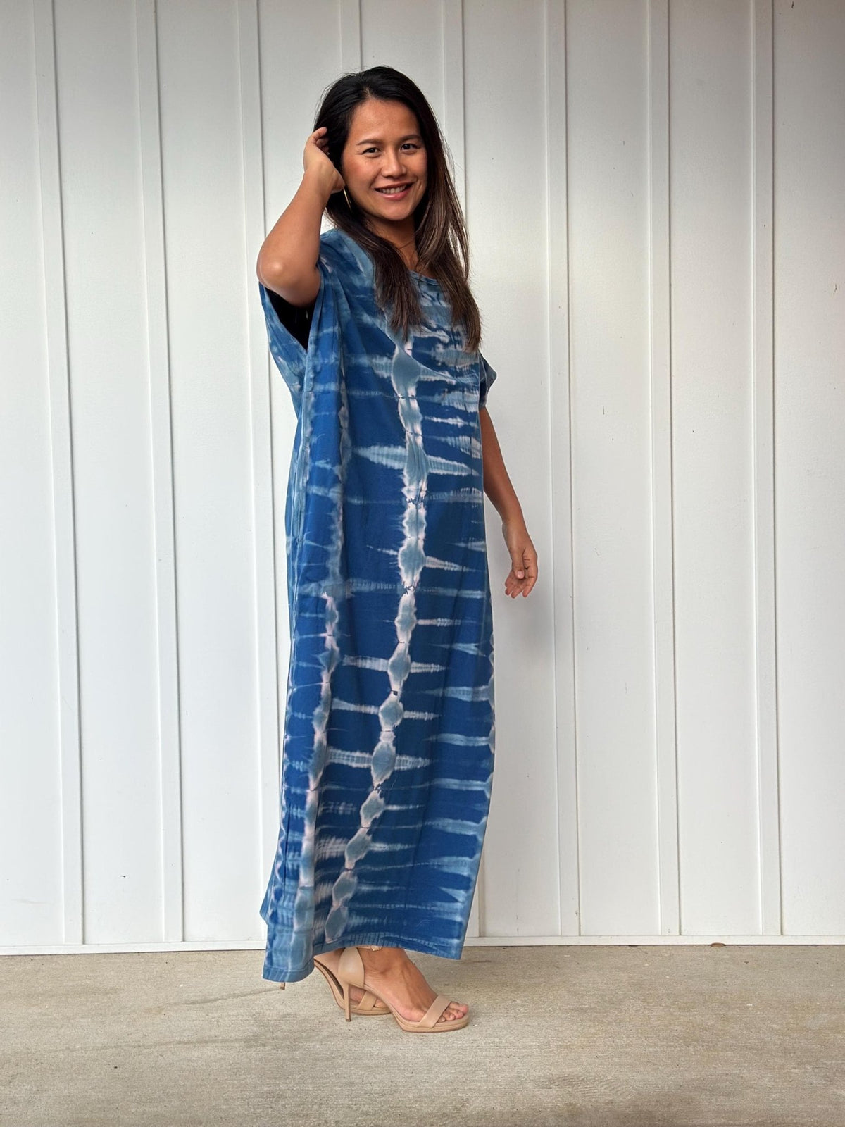 MALA handworks Alice Jersey Cotton Kaftan in Blue and White Tie Dye