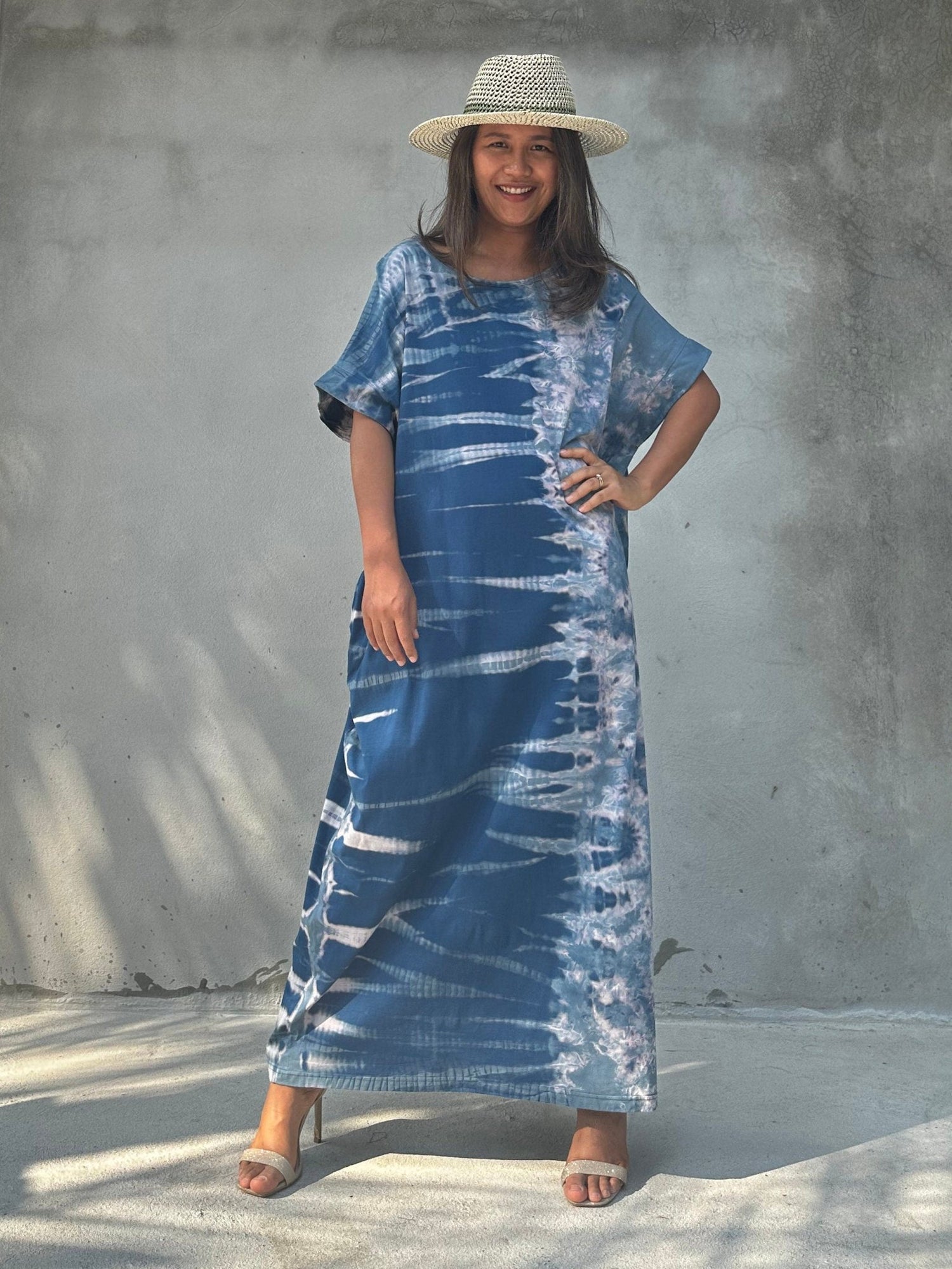 MALA handworks Alice Jersey Cotton Kaftan in Blue Tidal Tie Dye