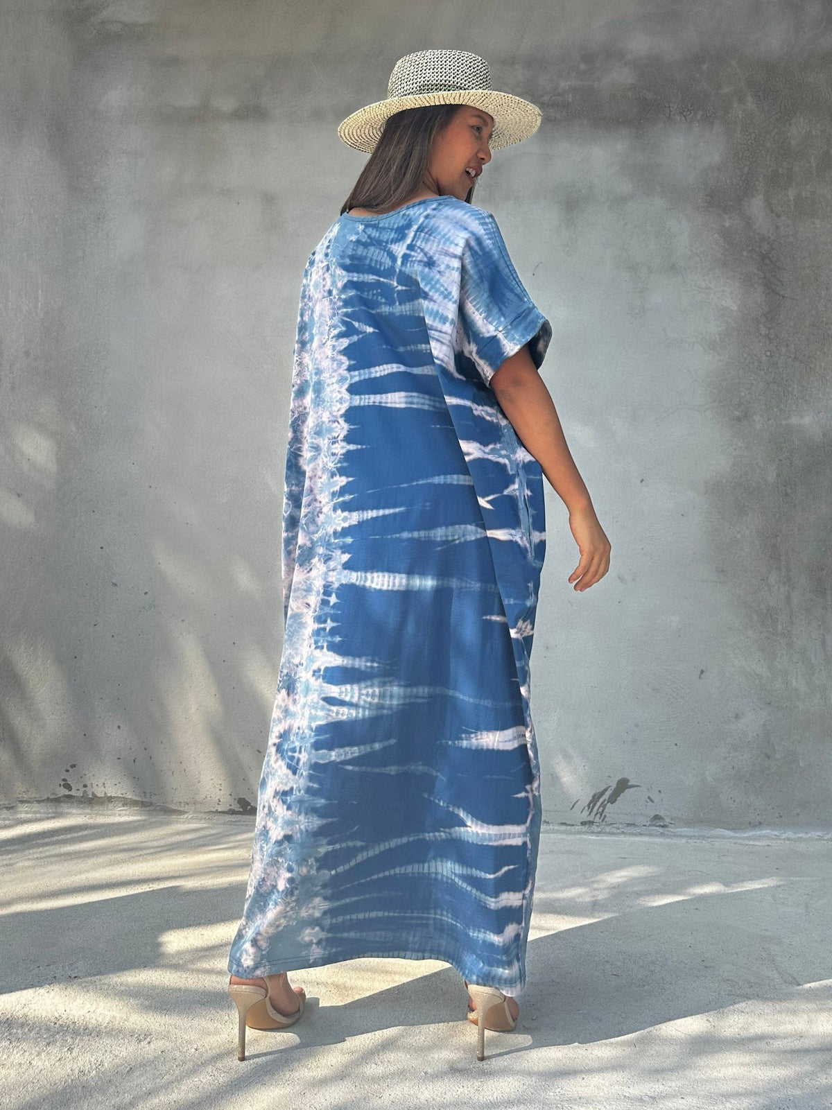 MALA handworks Alice Jersey Cotton Kaftan in Blue Tidal Tie Dye