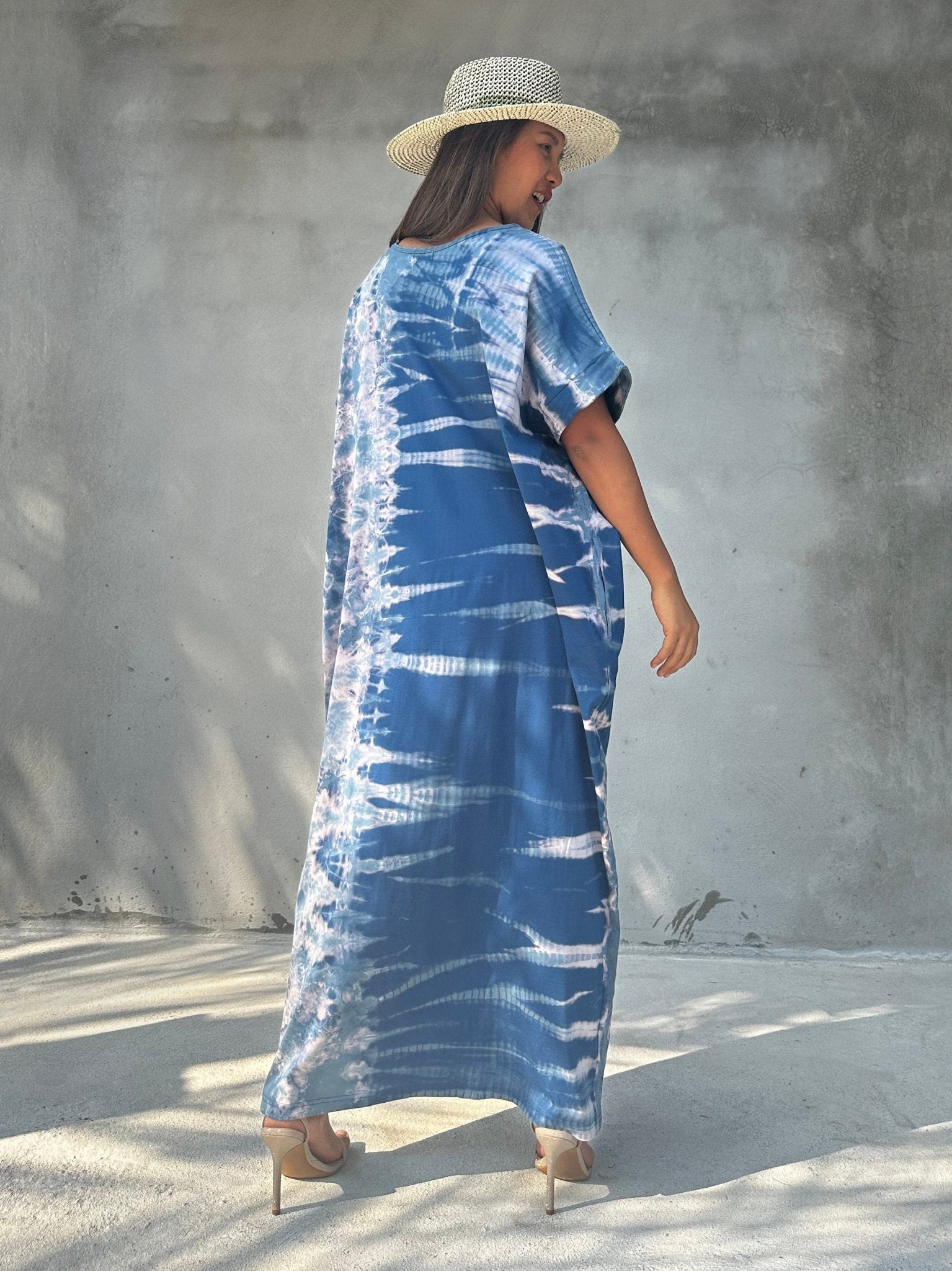 MALA handworks Alice Jersey Cotton Kaftan in Blue Tidal Tie Dye