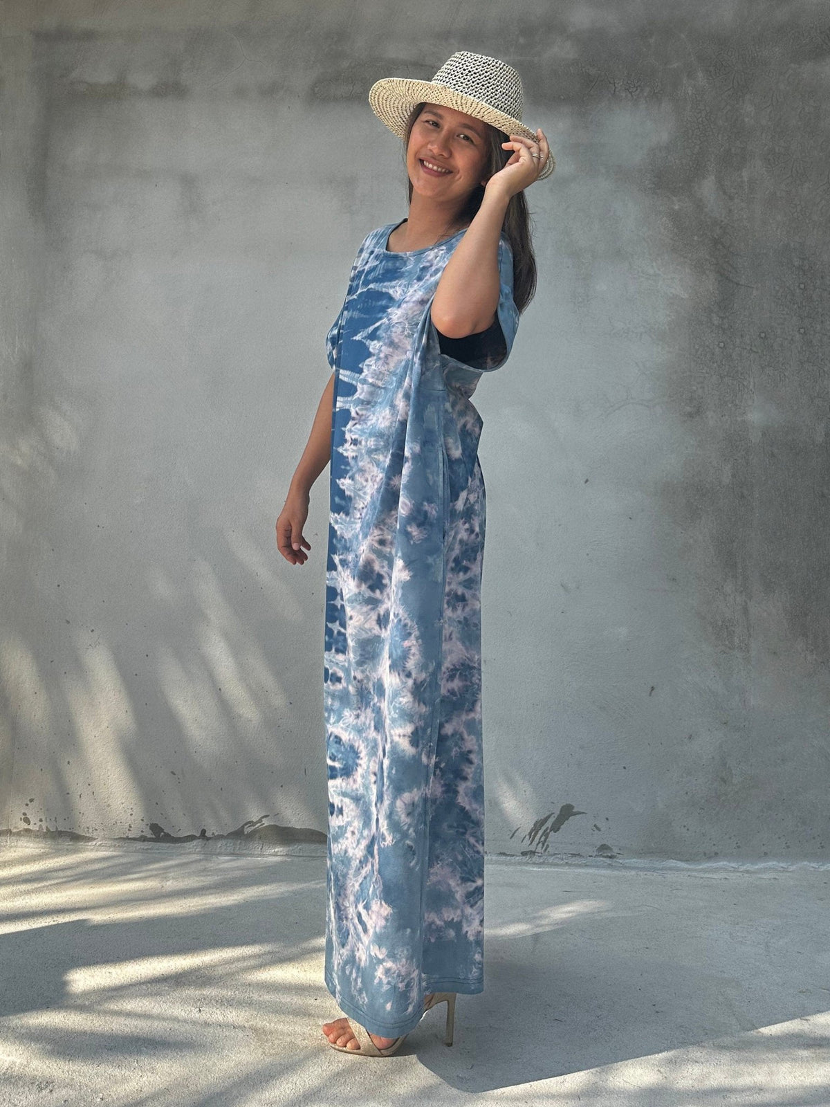MALA handworks Alice Jersey Cotton Kaftan in Blue Tidal Tie Dye