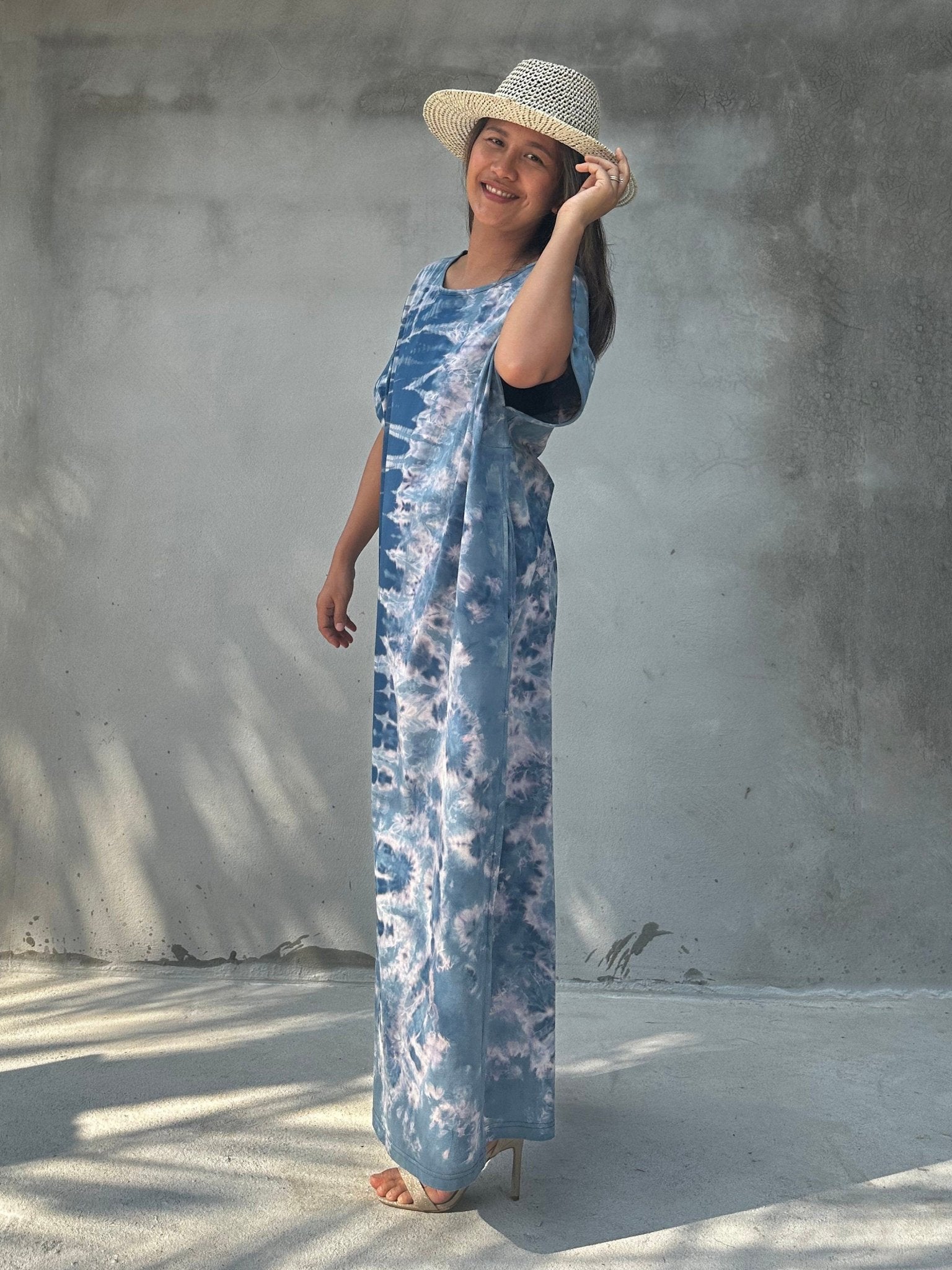 MALA handworks Alice Jersey Cotton Kaftan in Blue Tidal Tie Dye
